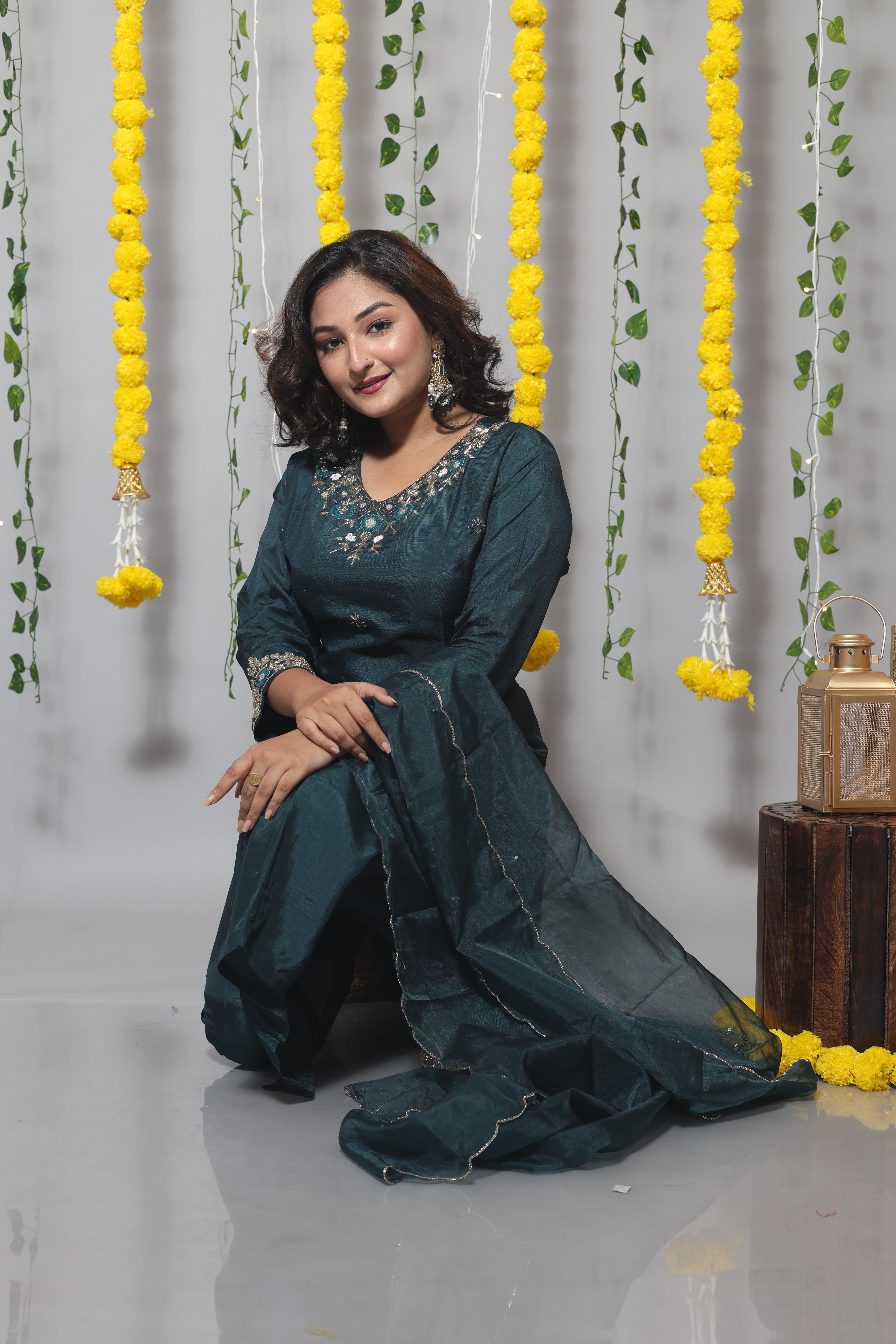 Teal Blue Handwork Dola Silk Suit Set