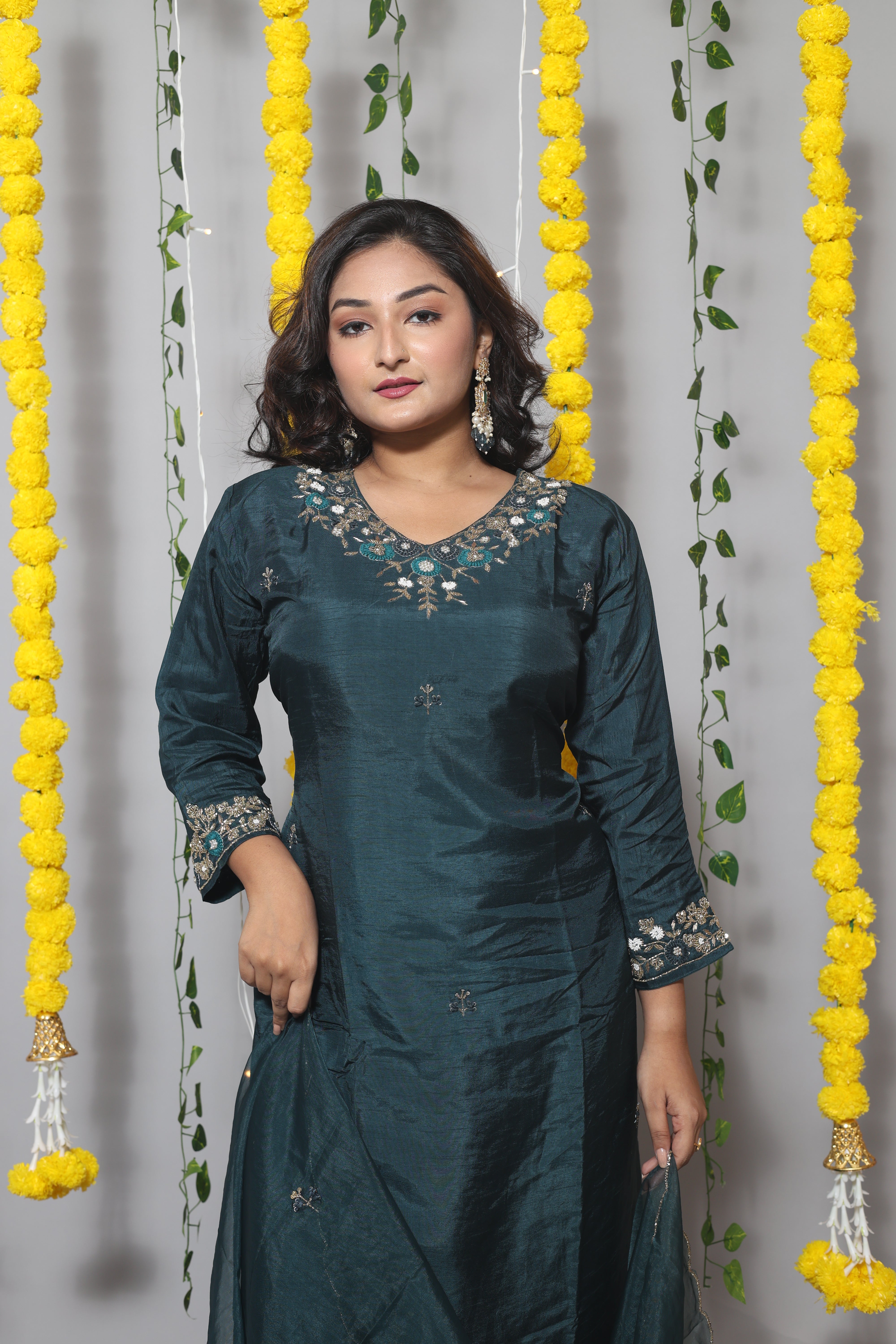 Teal Blue Handwork Dola Silk Suit Set