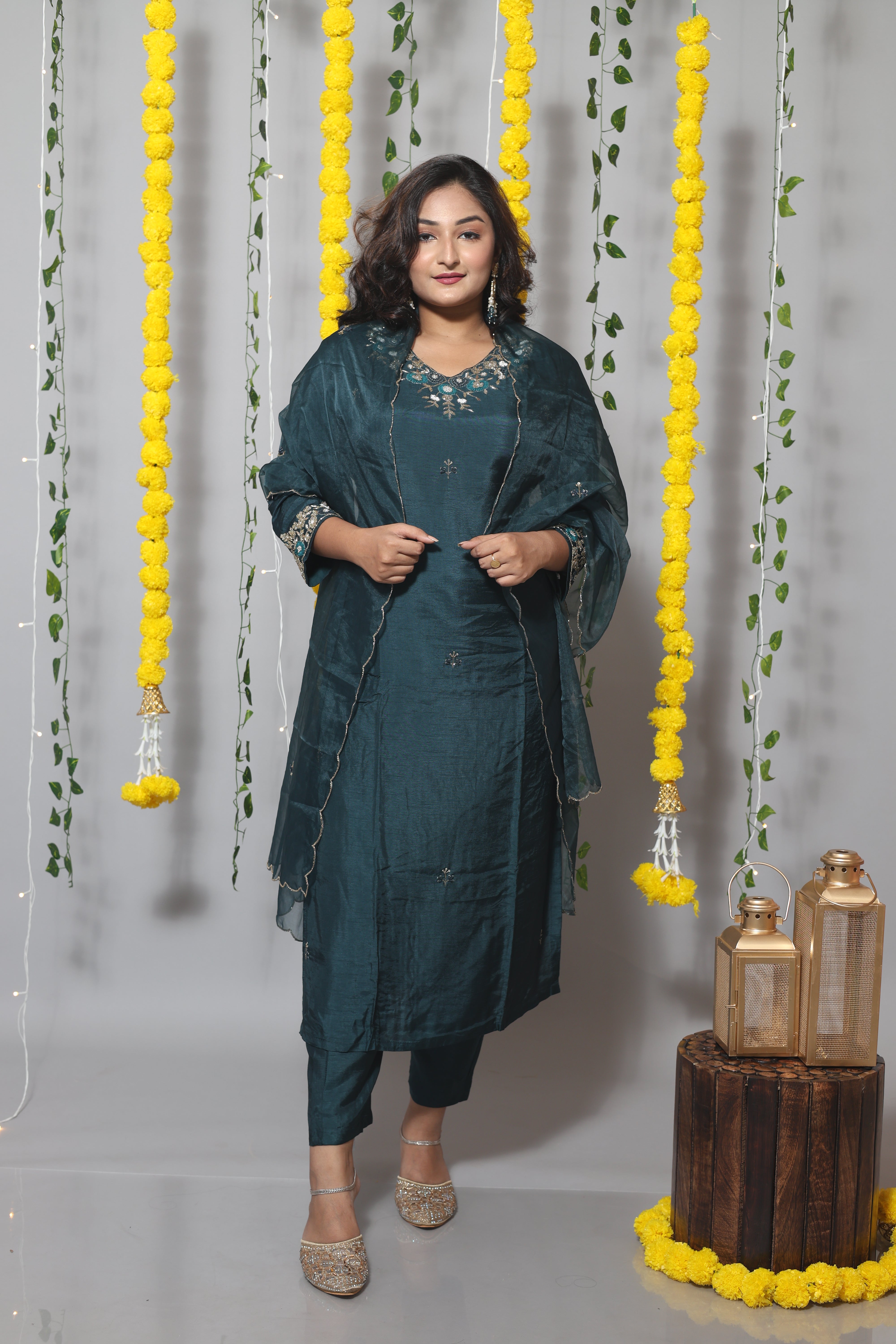 Teal Blue Handwork Dola Silk Suit Set
