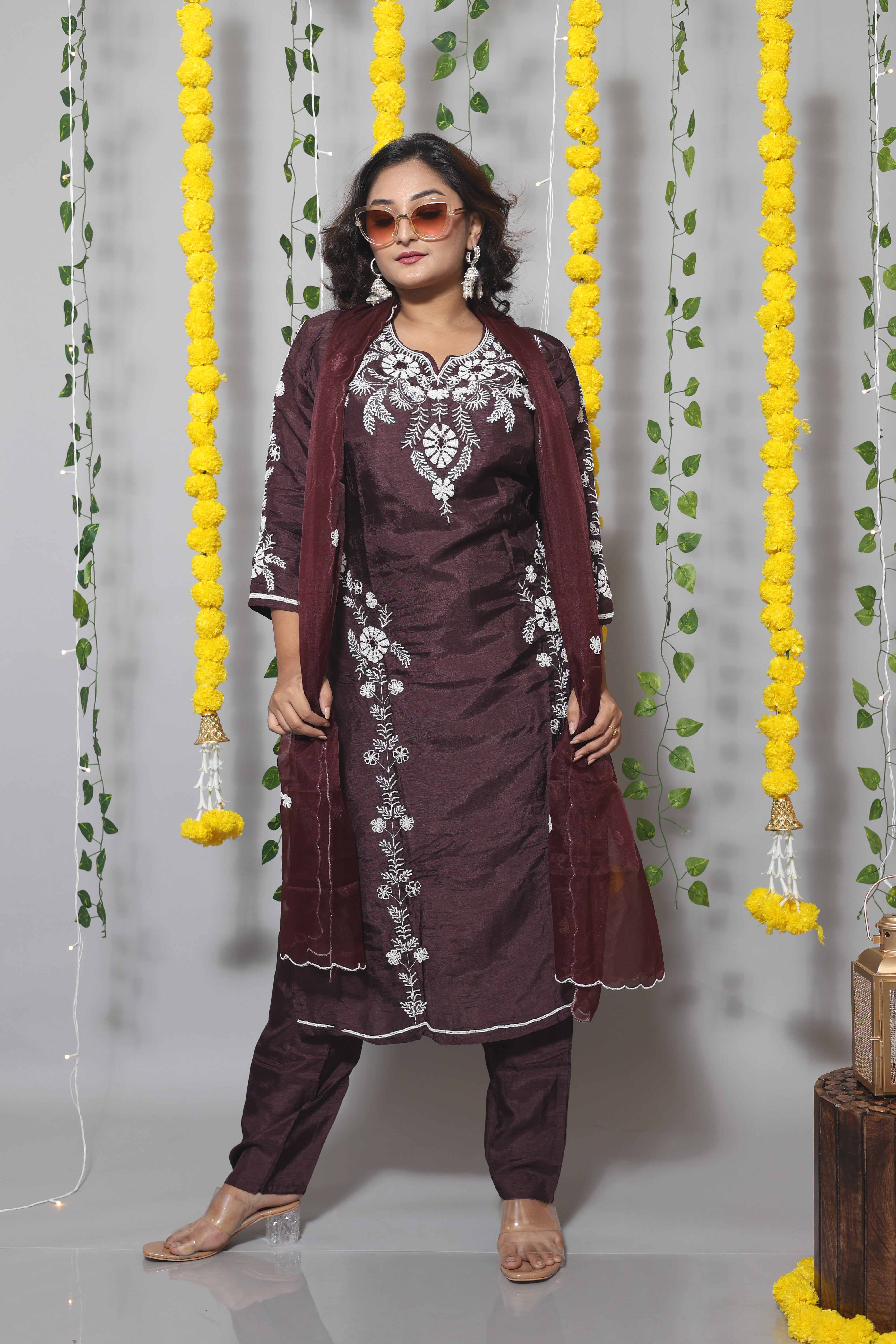 Dark purple dola silk suit set featuring exquisite handwork