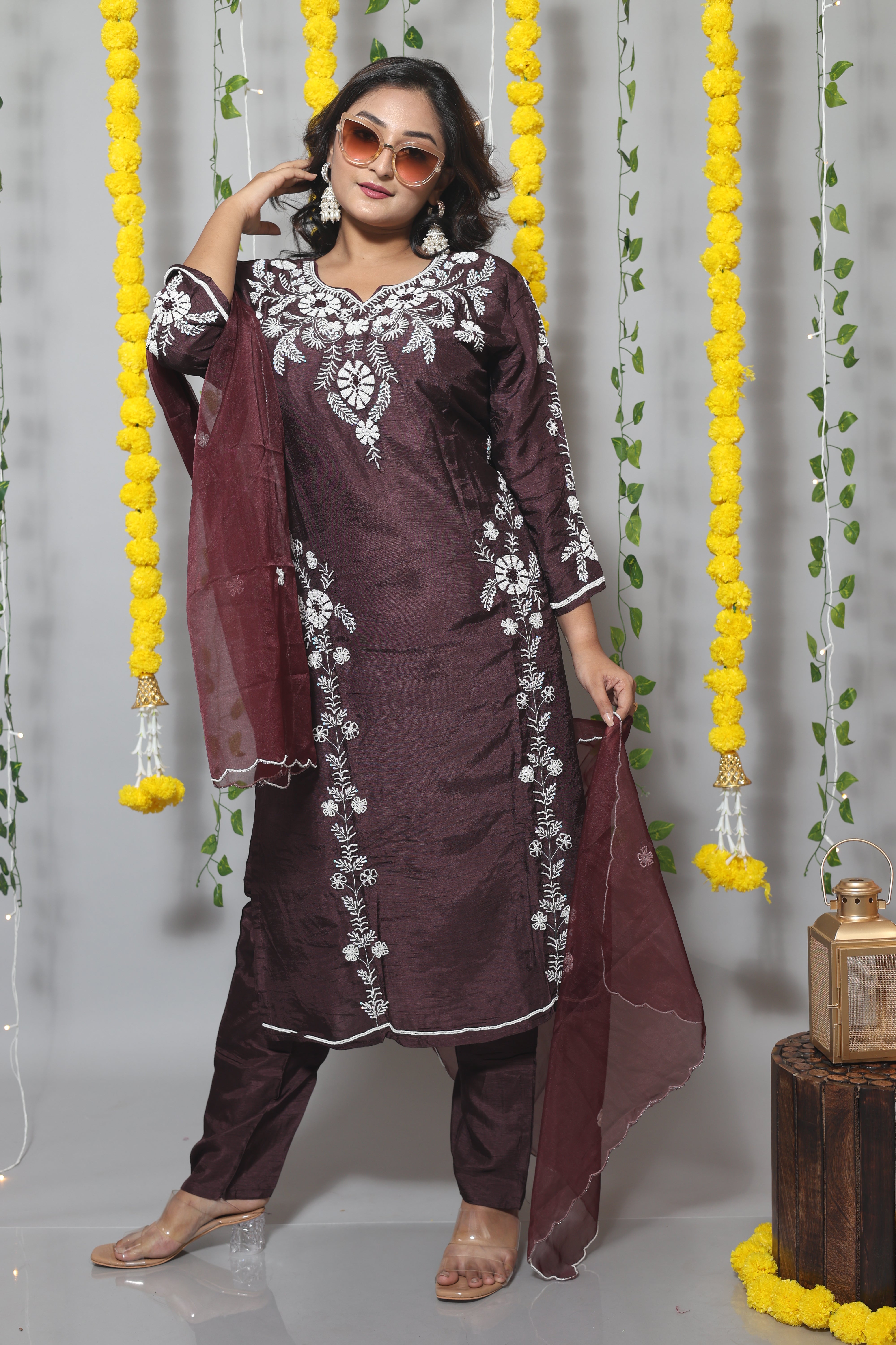 DARK PURPLE DOLA SILK HANDWORK SUIT SET