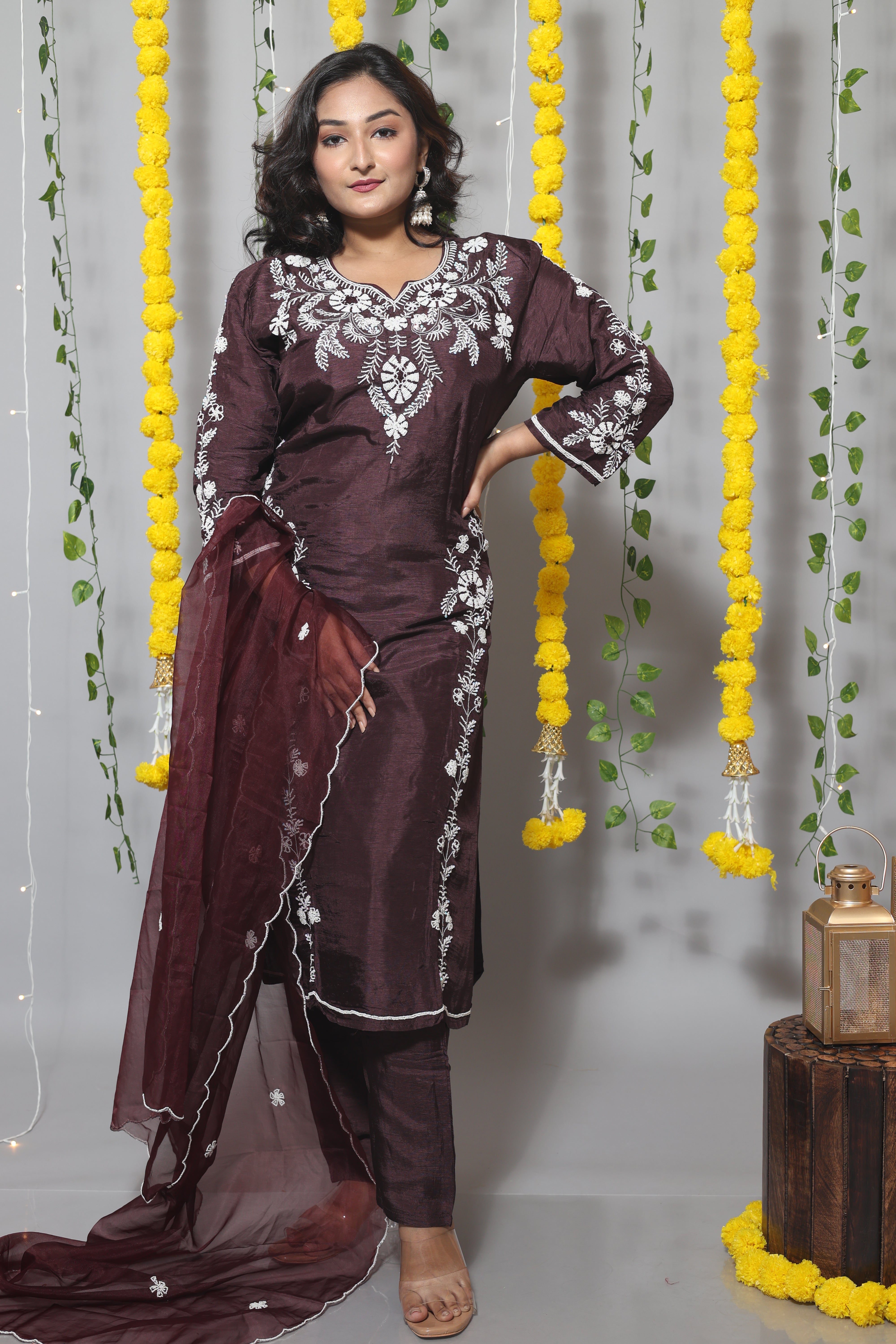 DARK PURPLE DOLA SILK HANDWORK SUIT SET