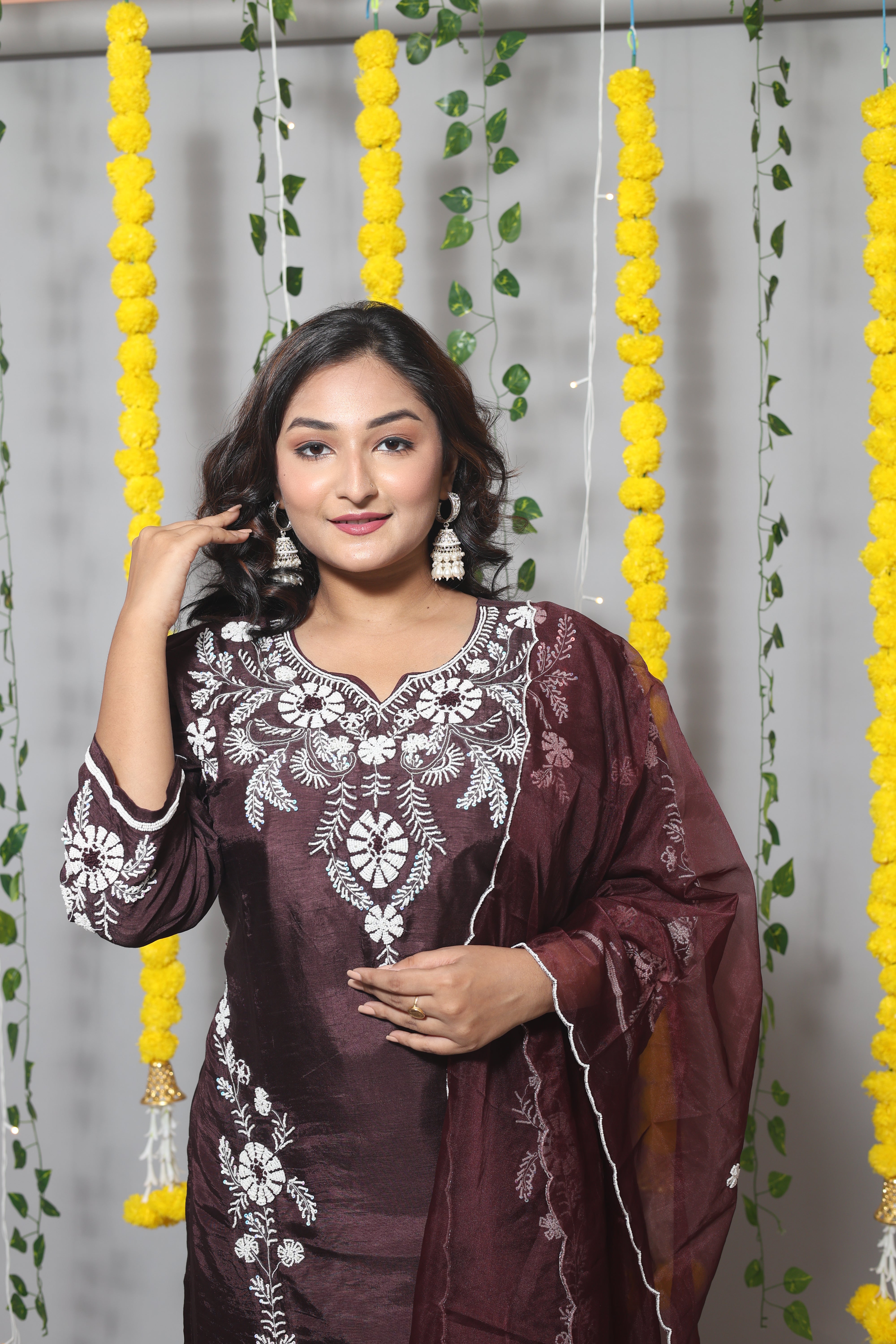 DARK PURPLE DOLA SILK HANDWORK SUIT SET