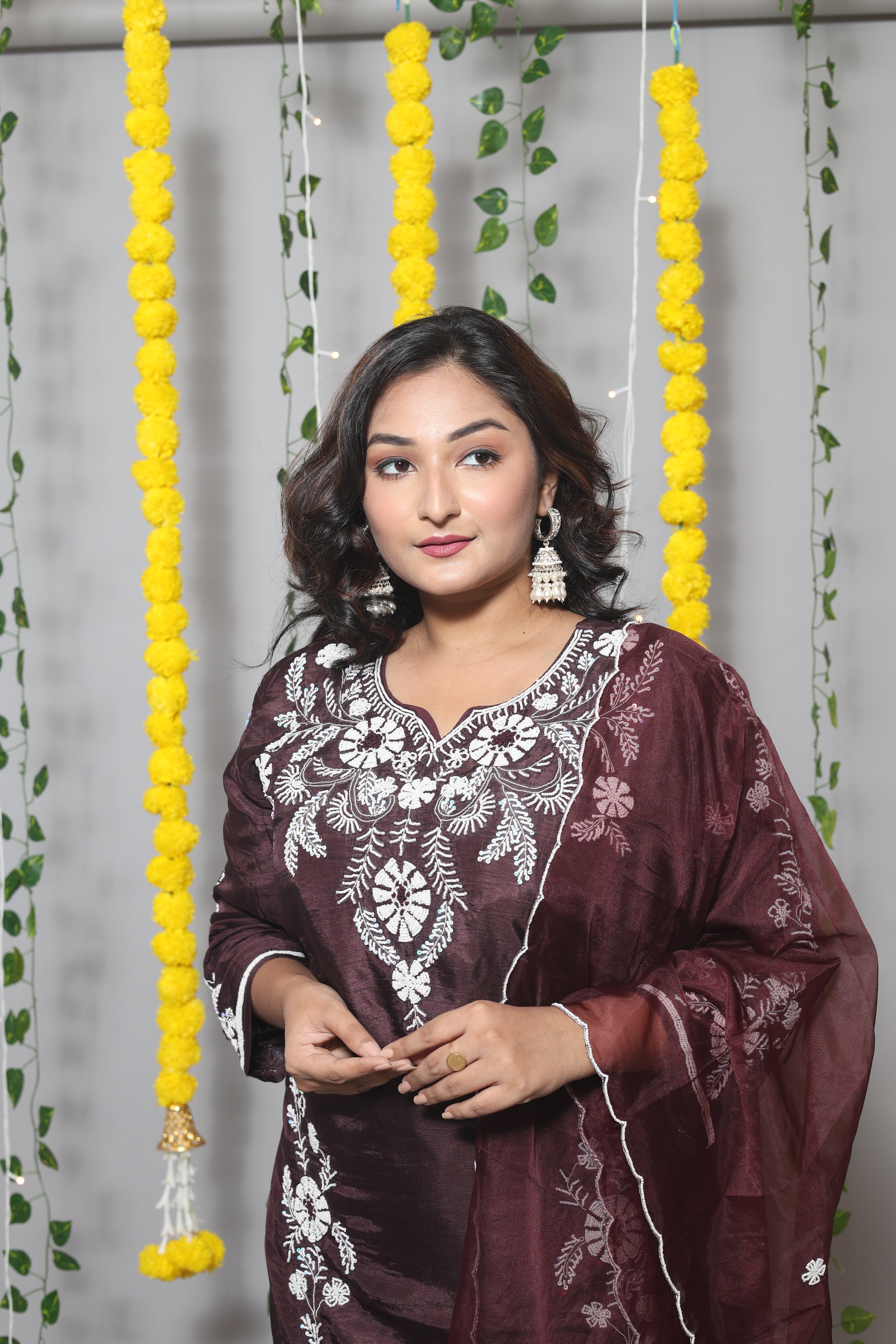 DARK PURPLE DOLA SILK HANDWORK SUIT SET