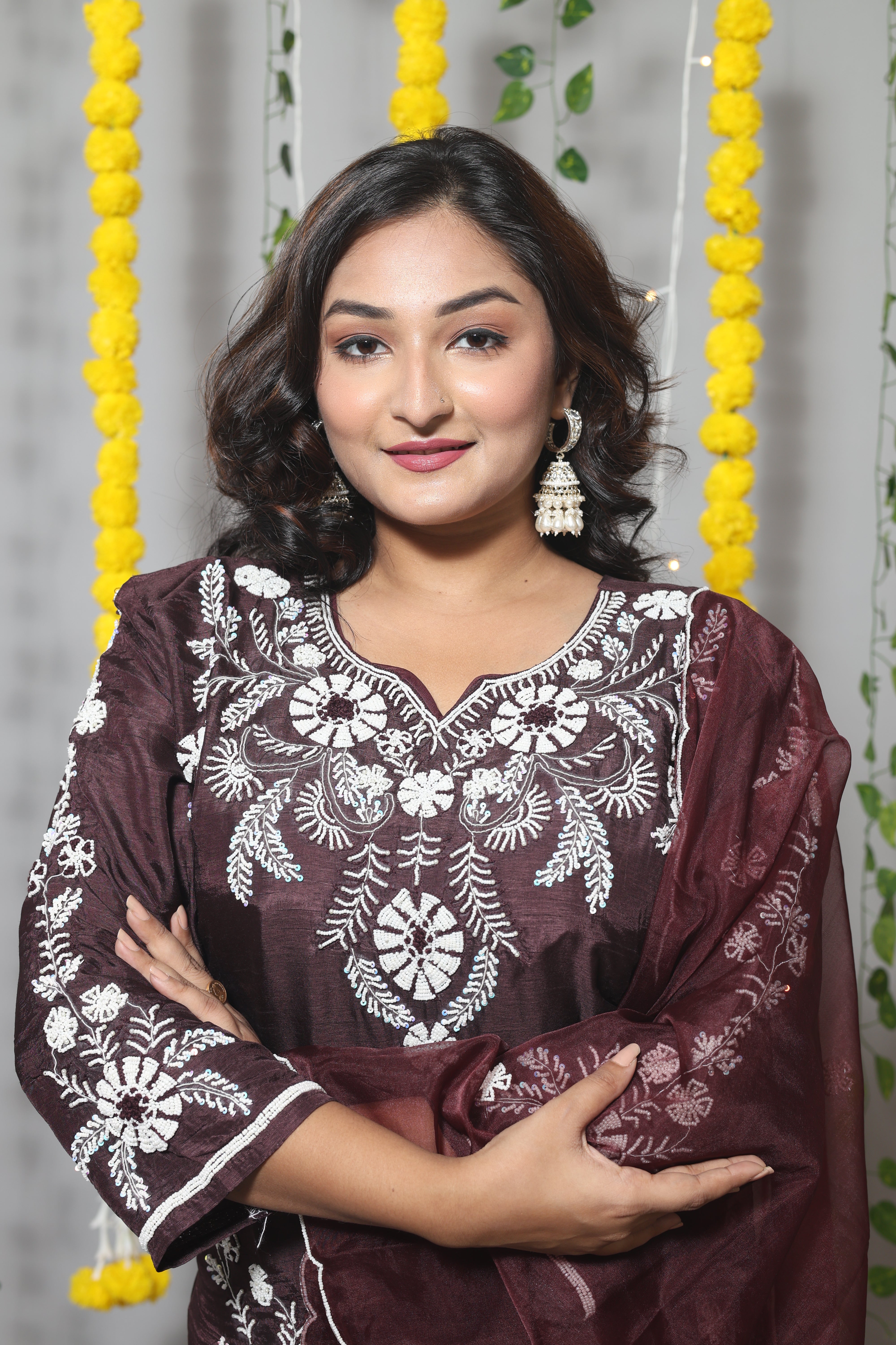 DARK PURPLE DOLA SILK HANDWORK SUIT SET