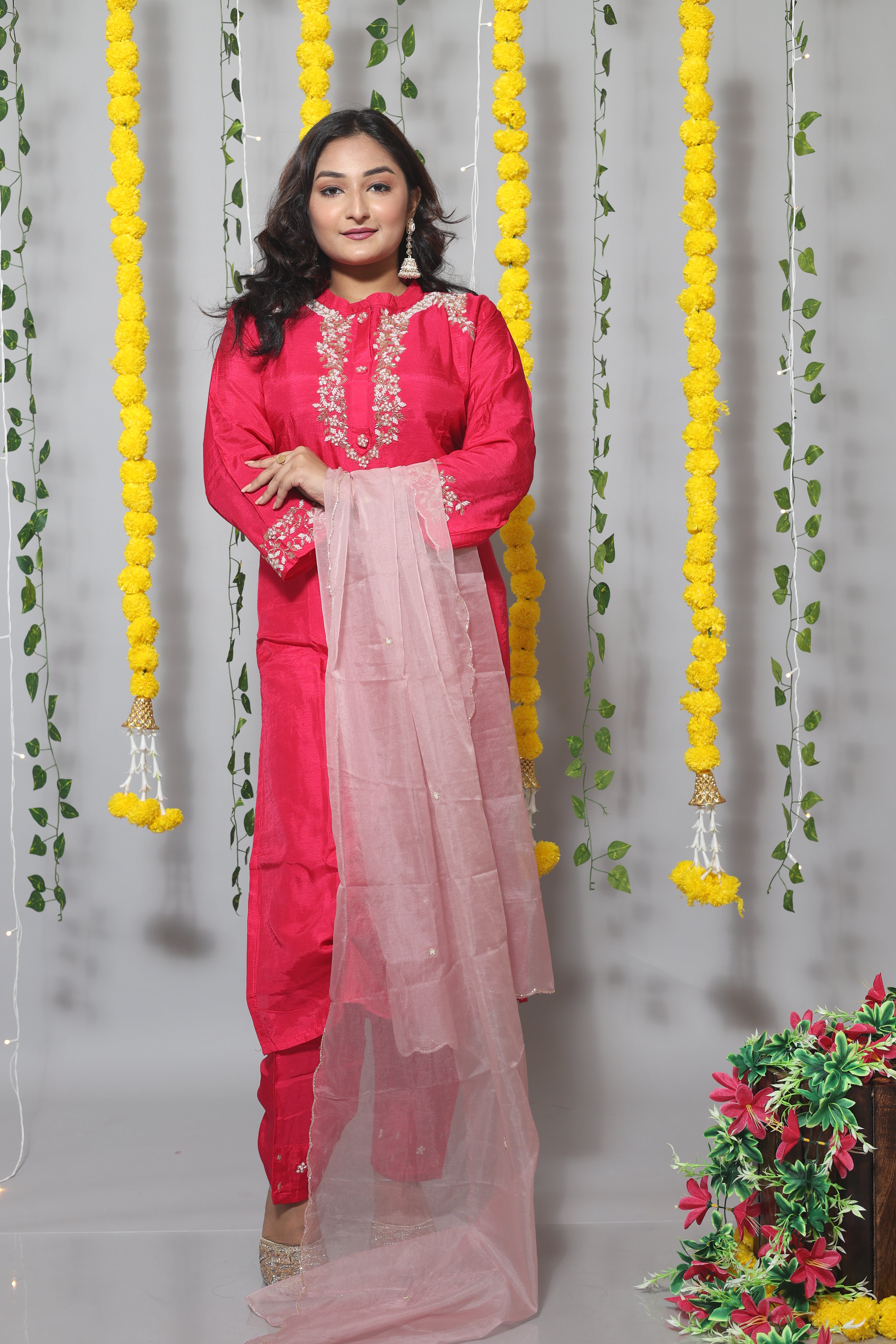 Pink dola silk suit set featuring beautiful handwork
