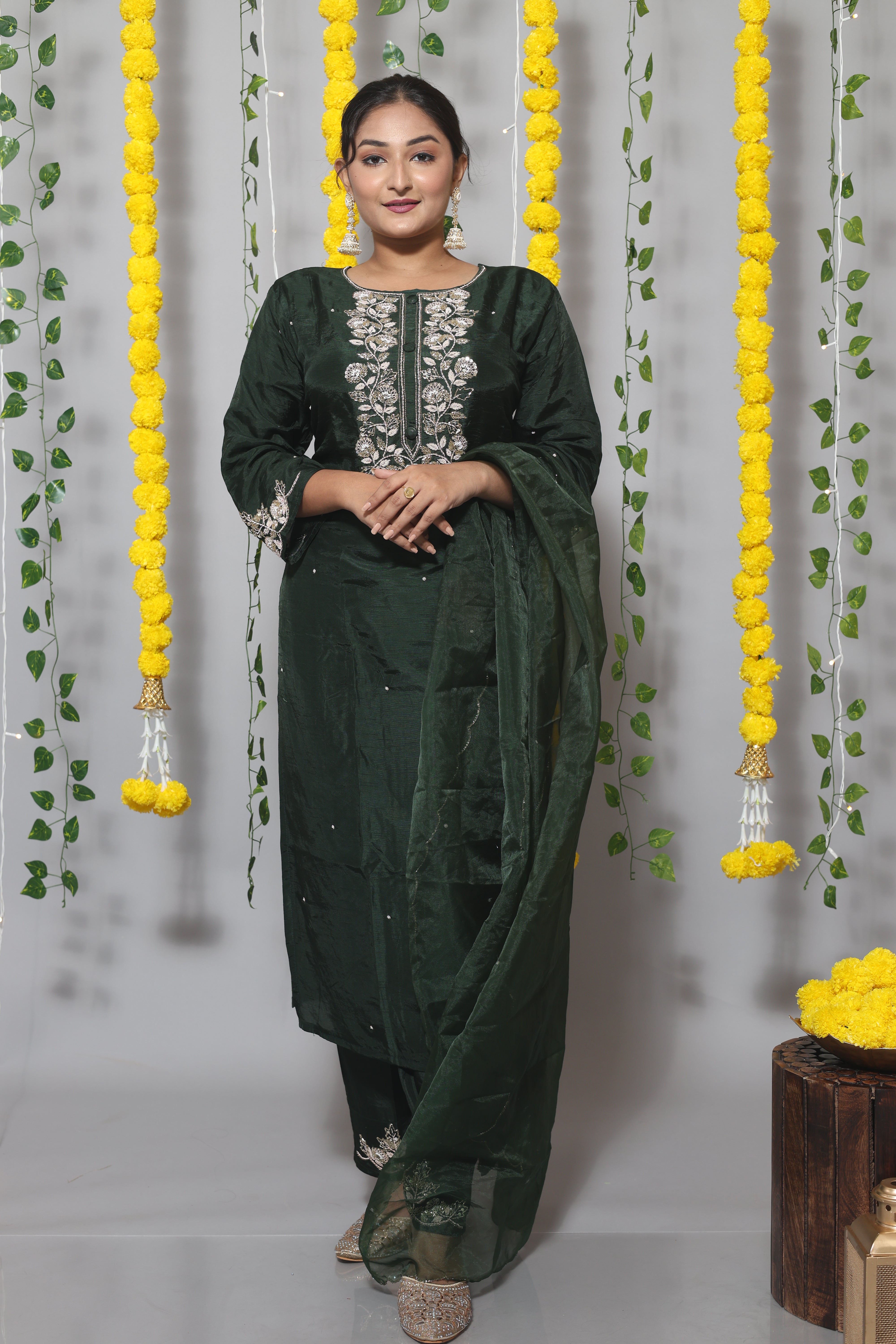 Bottle Green Handwork Dola Silk Suit Set