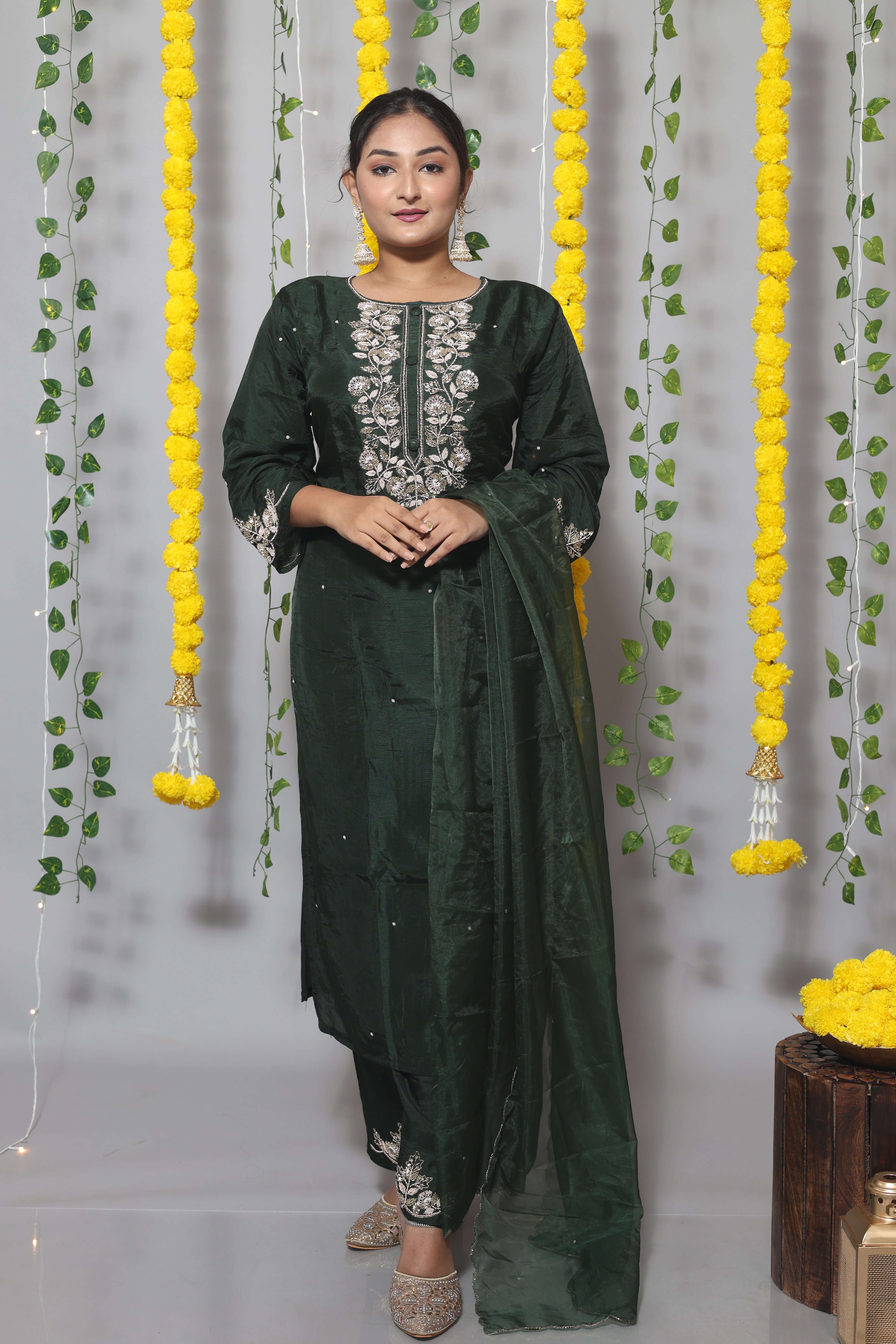 Bottle Green Handwork Dola Silk Suit Set