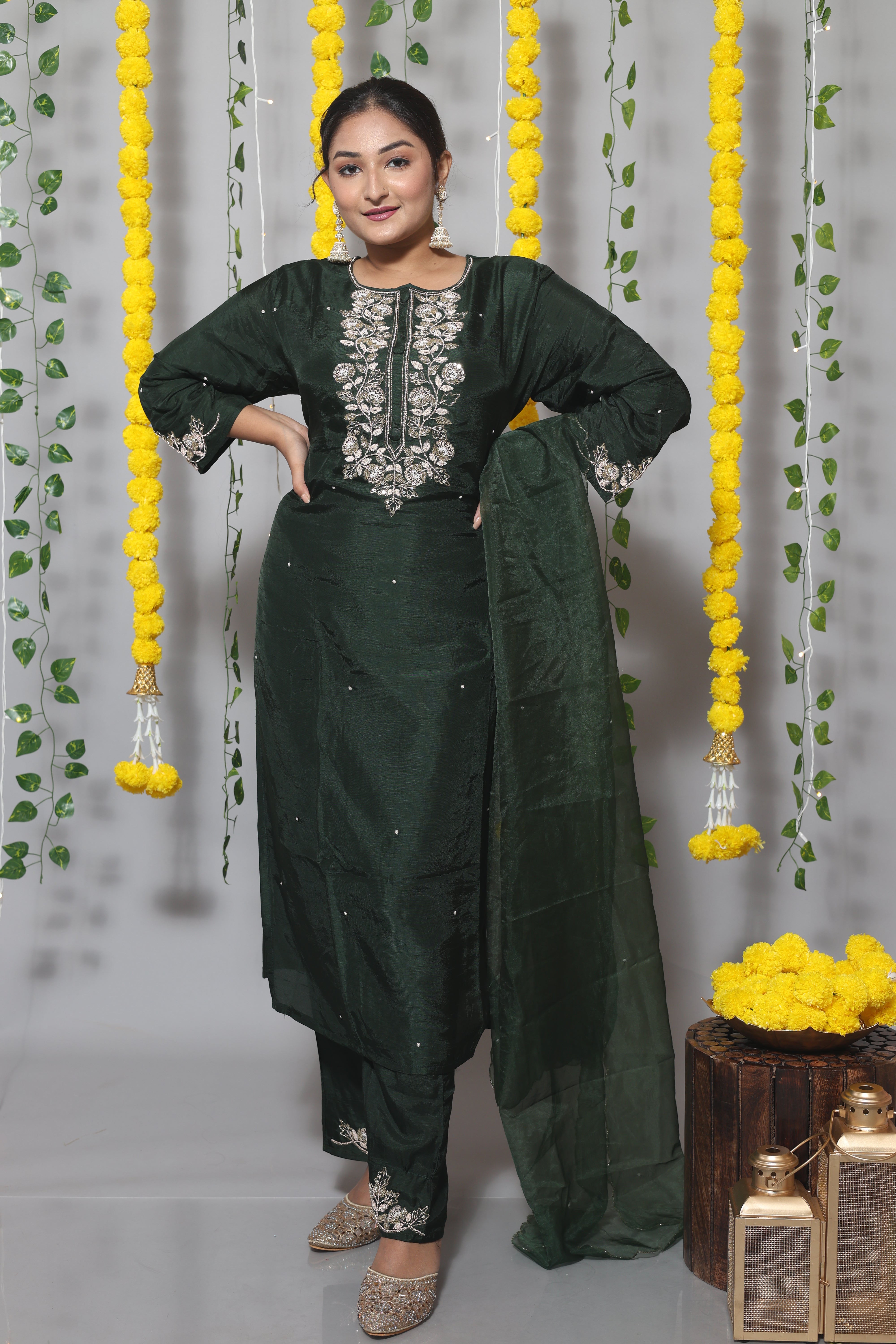 Bottle Green Handwork Dola Silk Suit Set