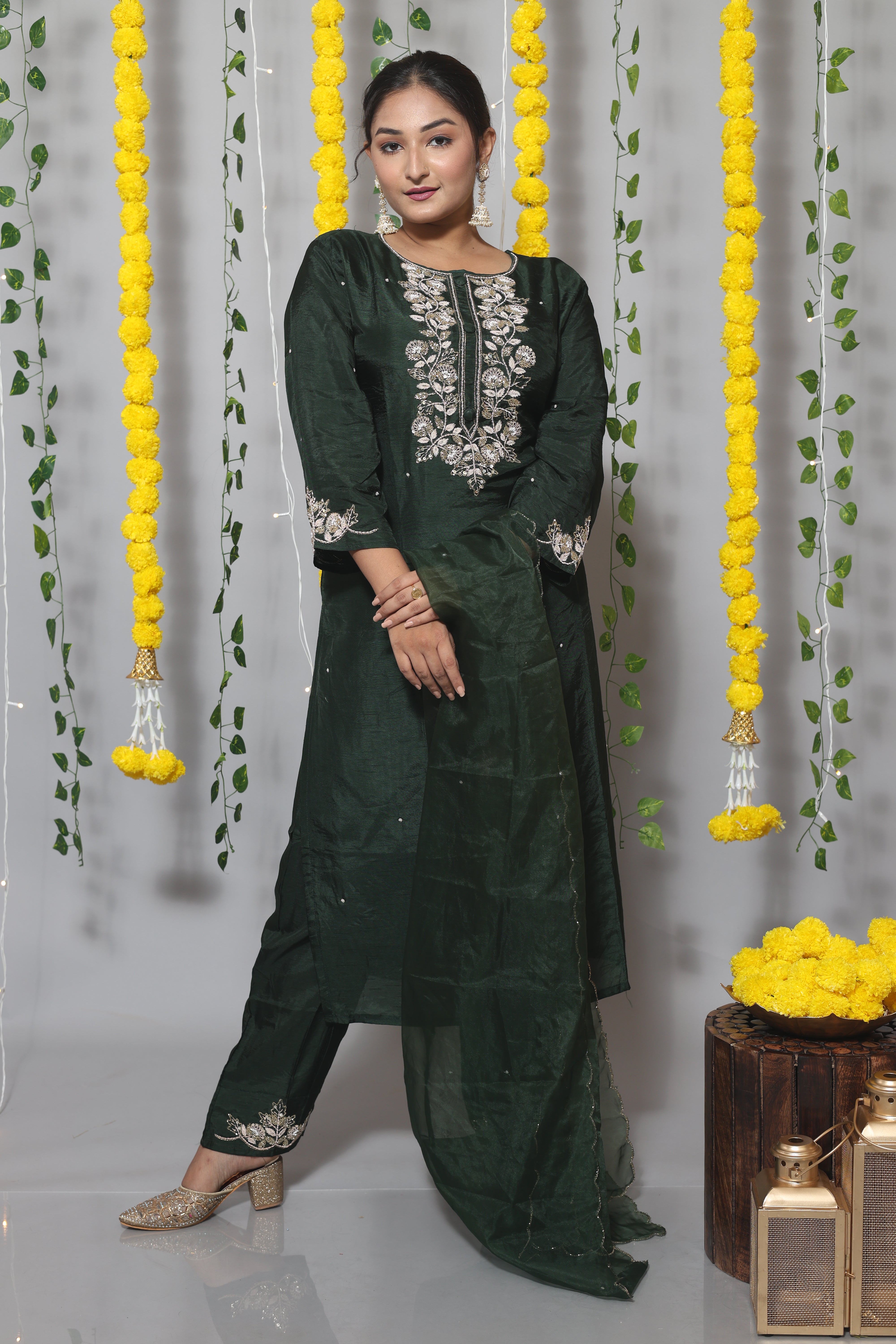 Bottle Green Handwork Dola Silk Suit Set