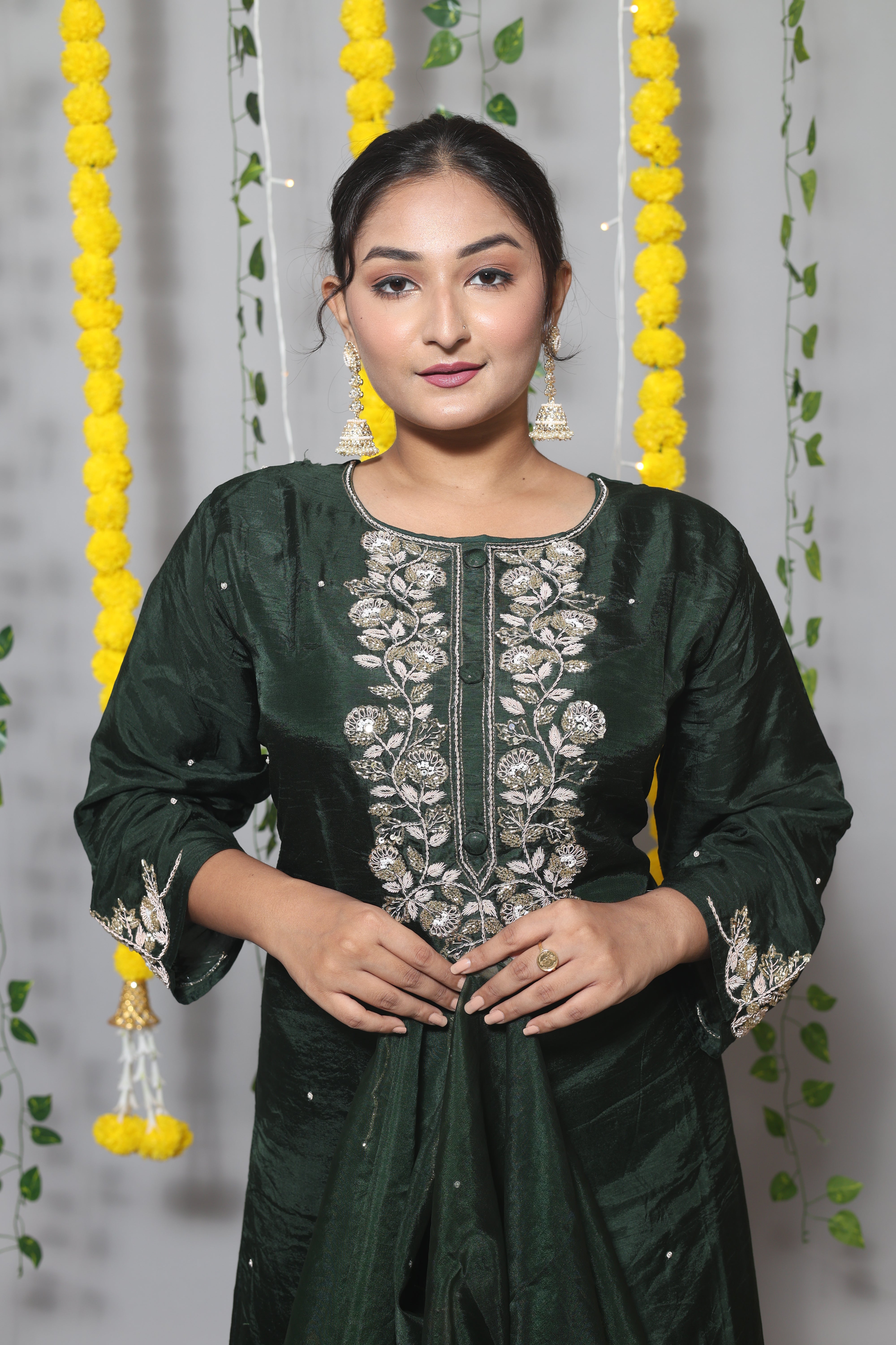 Bottle Green Handwork Dola Silk Suit Set