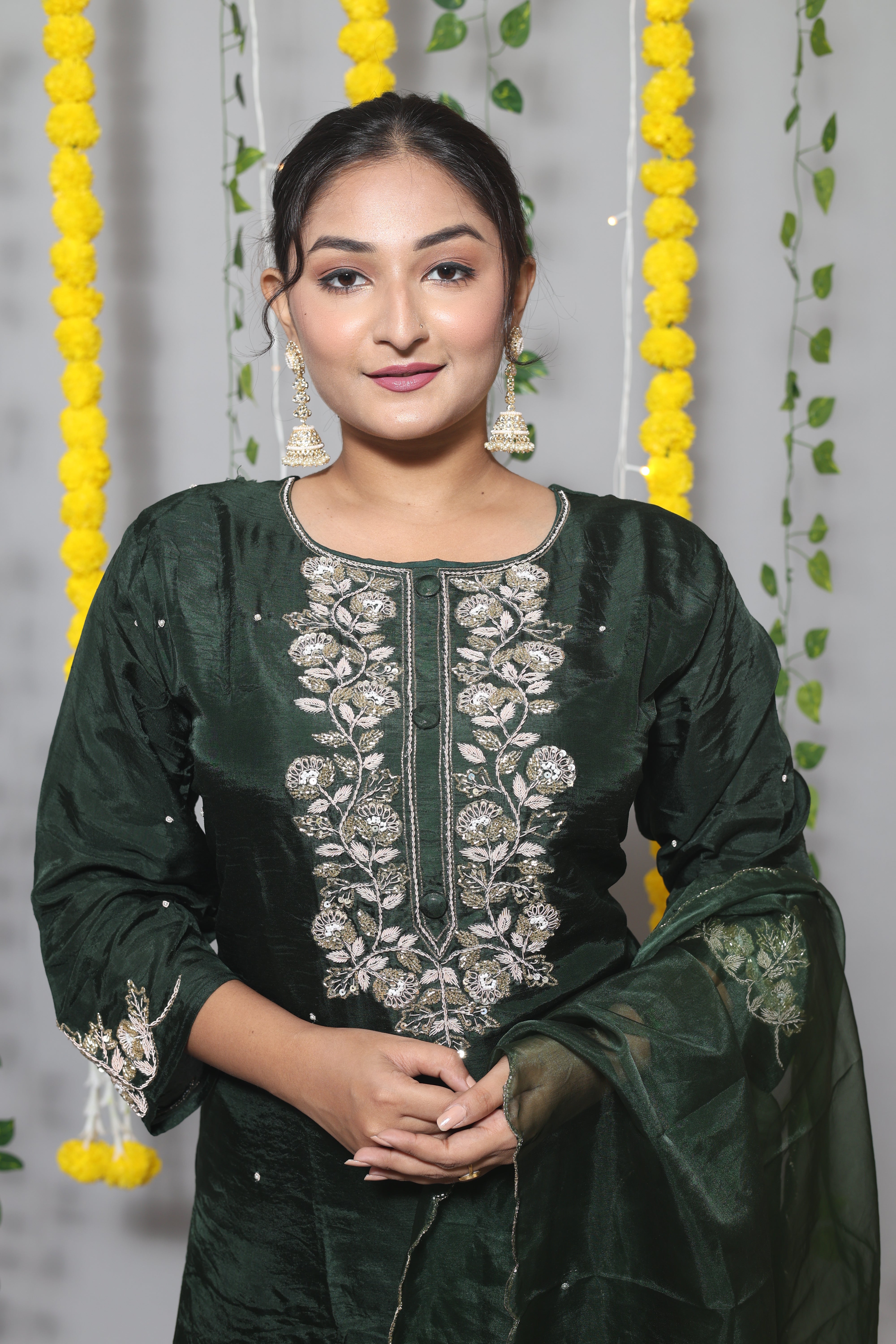 Bottle Green Handwork Dola Silk Suit Set