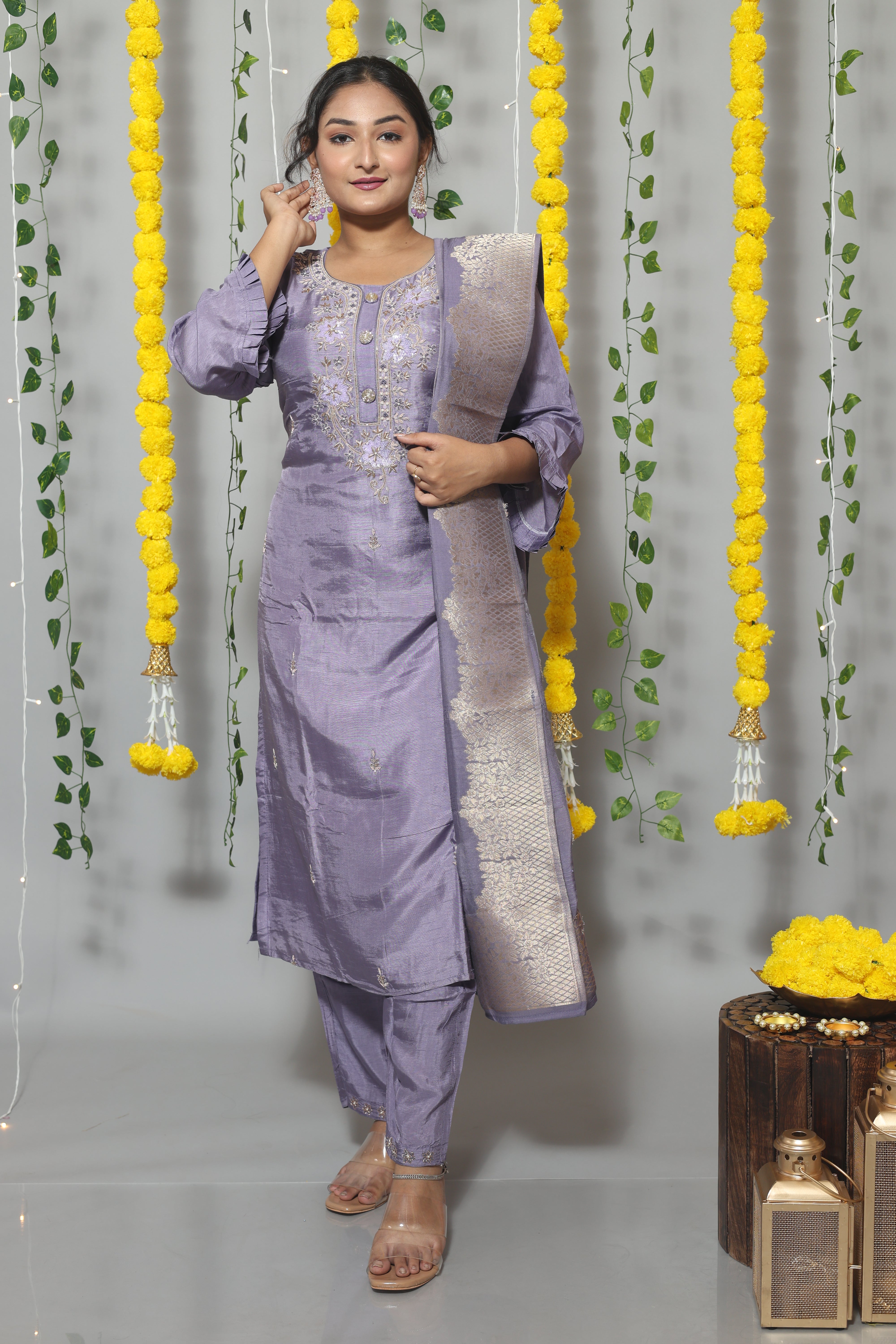Lavender dola silk suit set with a beautiful Benarasi dupatta