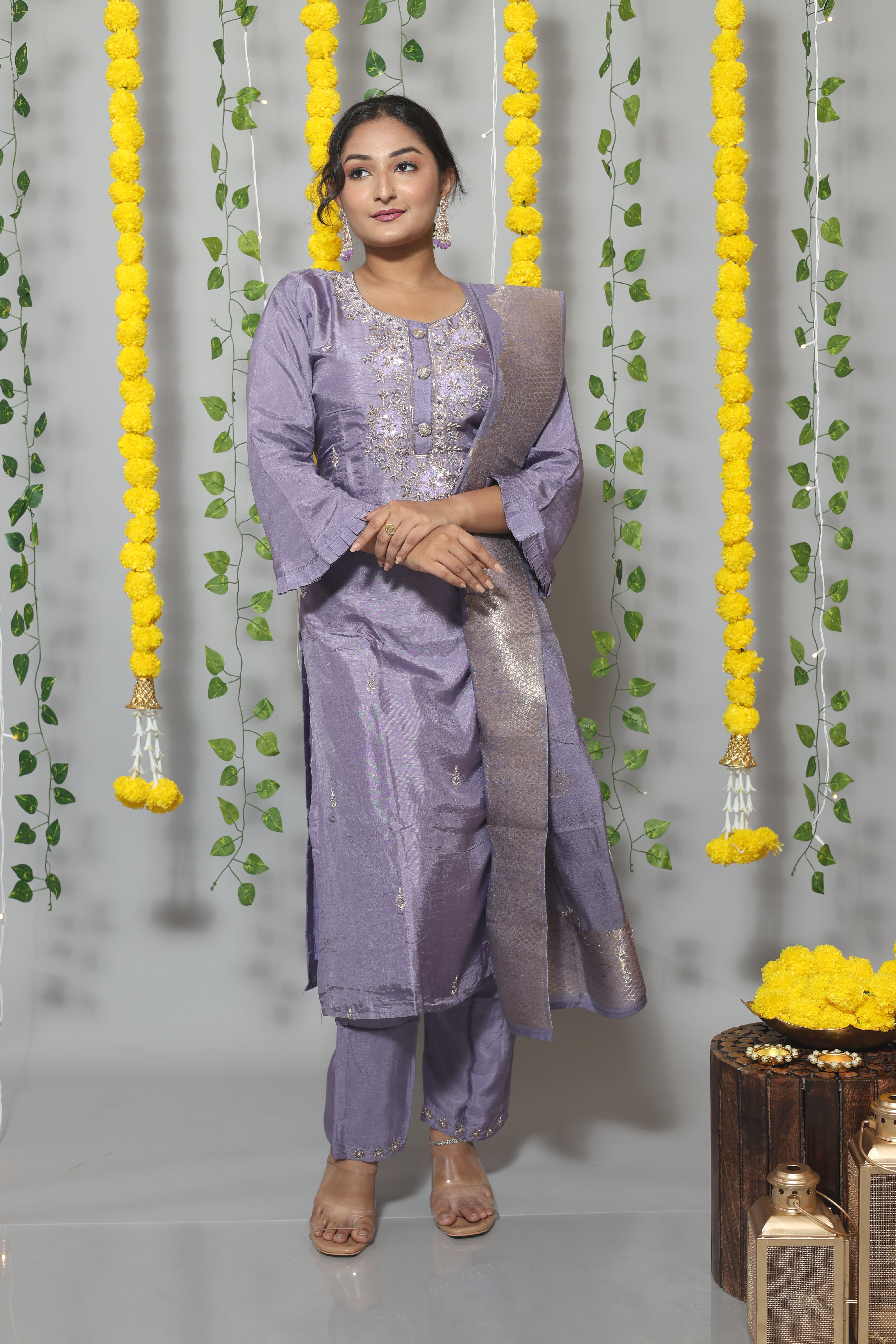 Lavender Dola Silk Suit Set With Benarasi Dupatta