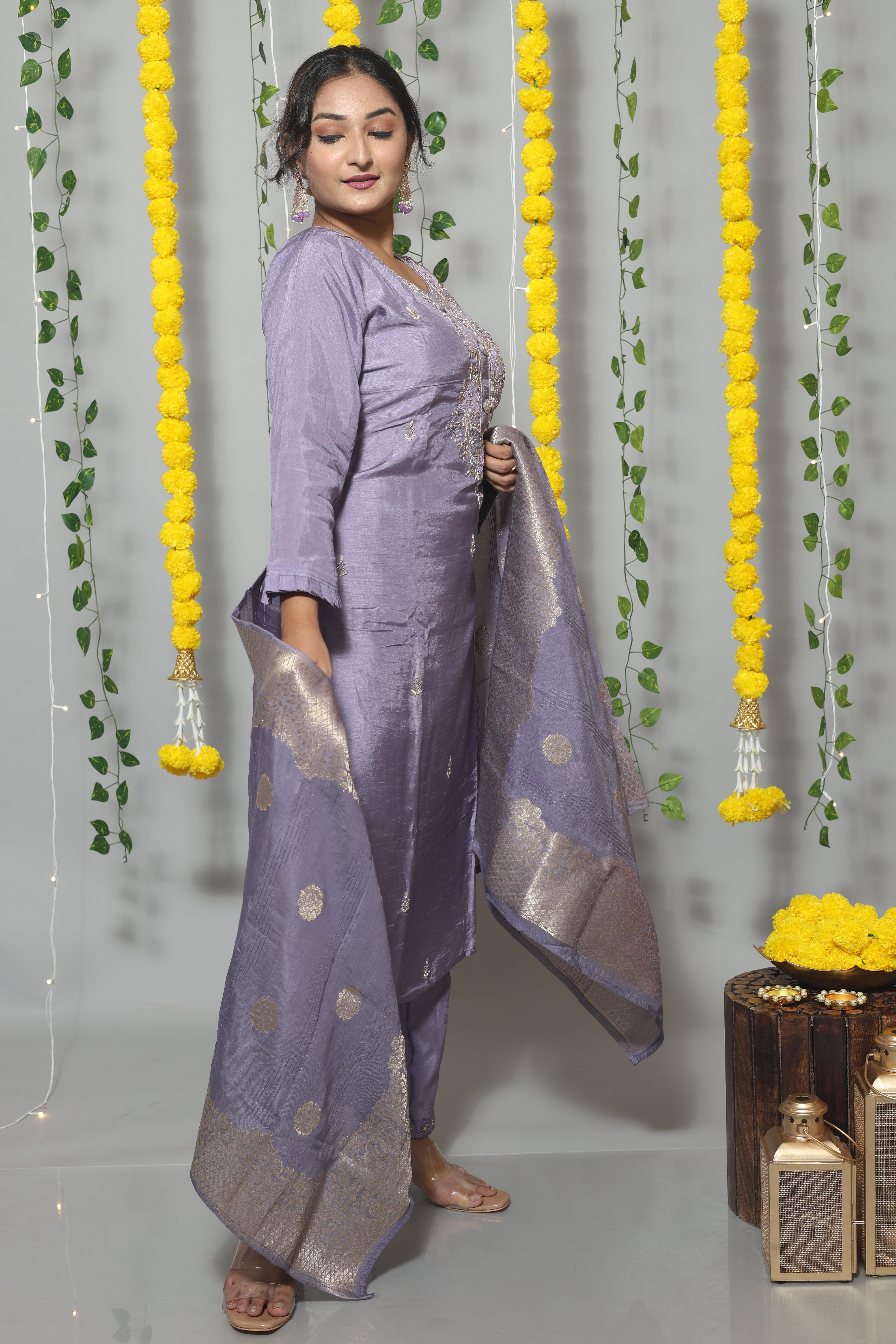 Lavender Dola Silk Suit Set With Benarasi Dupatta