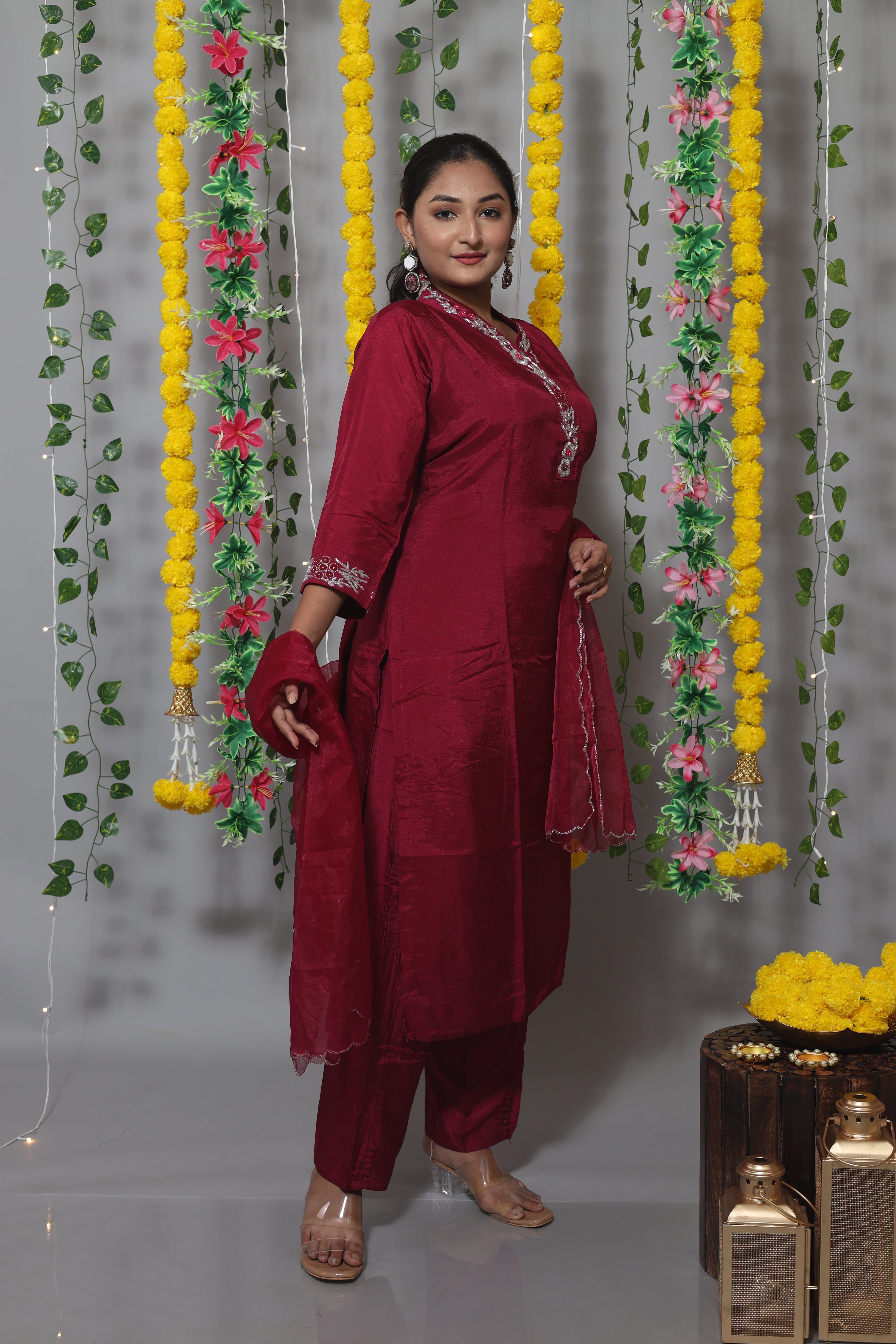 Magenta dola silk suit set featuring exquisite handwork