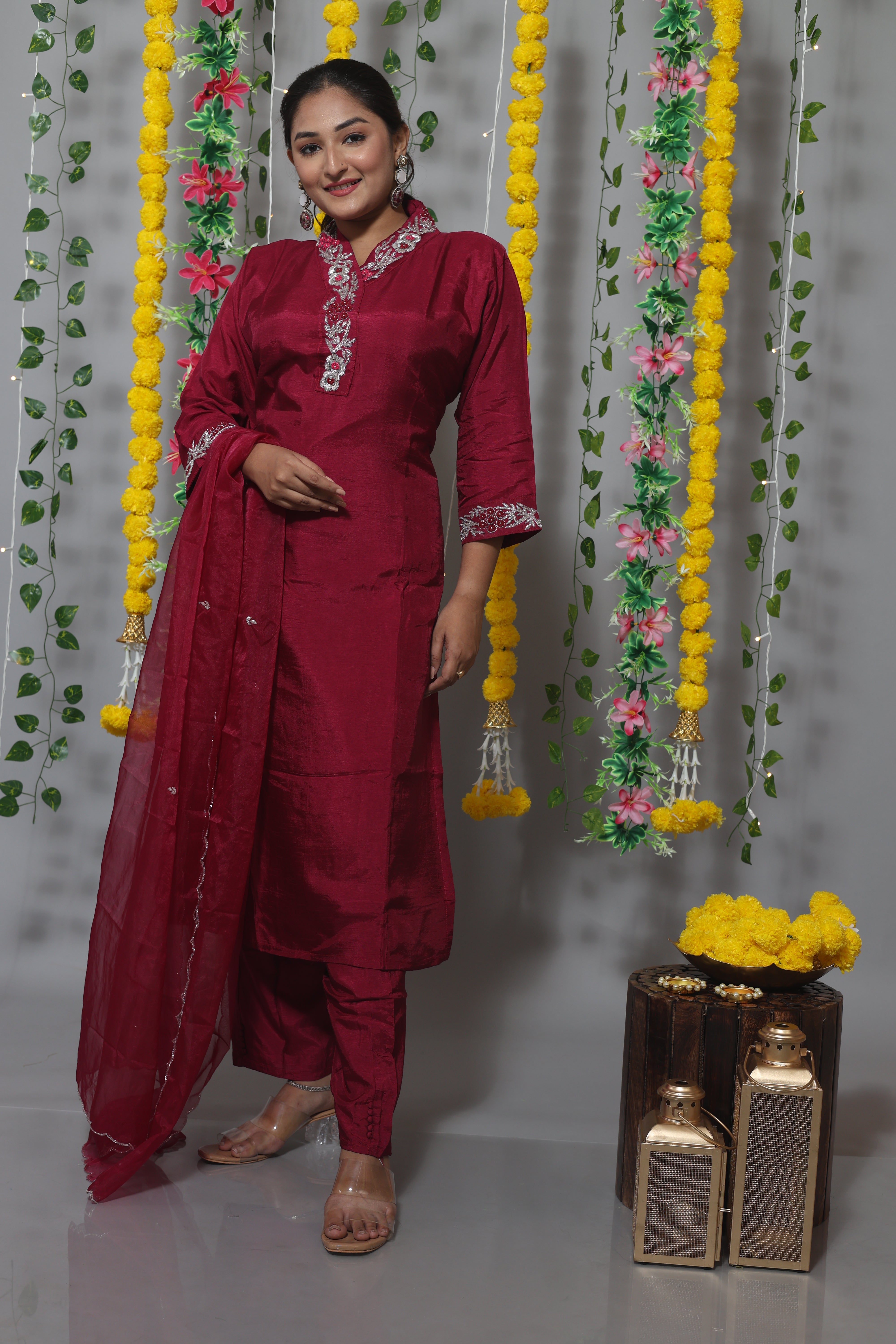 Magenta Handwork Dola Silk Suit Set