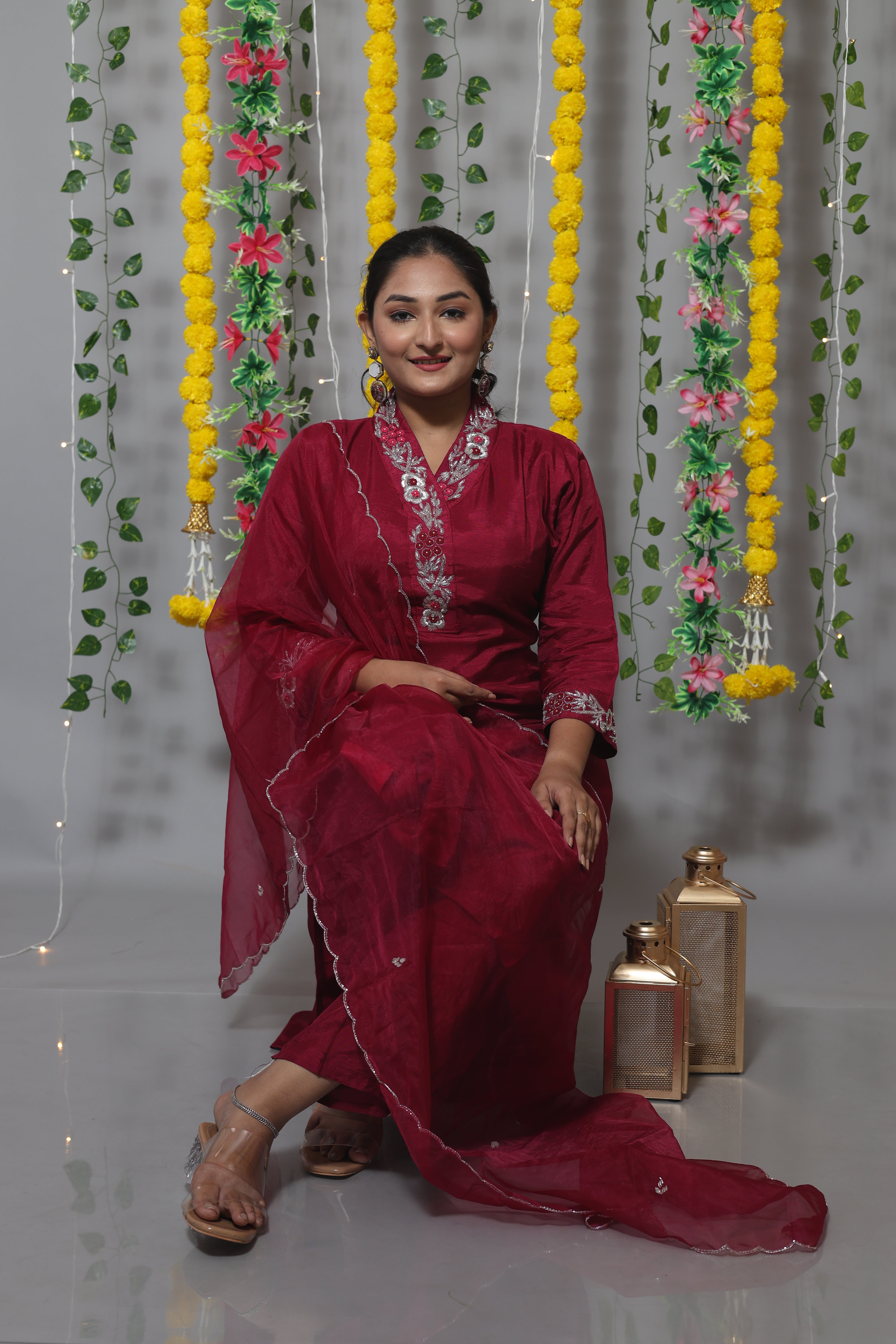 Magenta Handwork Dola Silk Suit Set