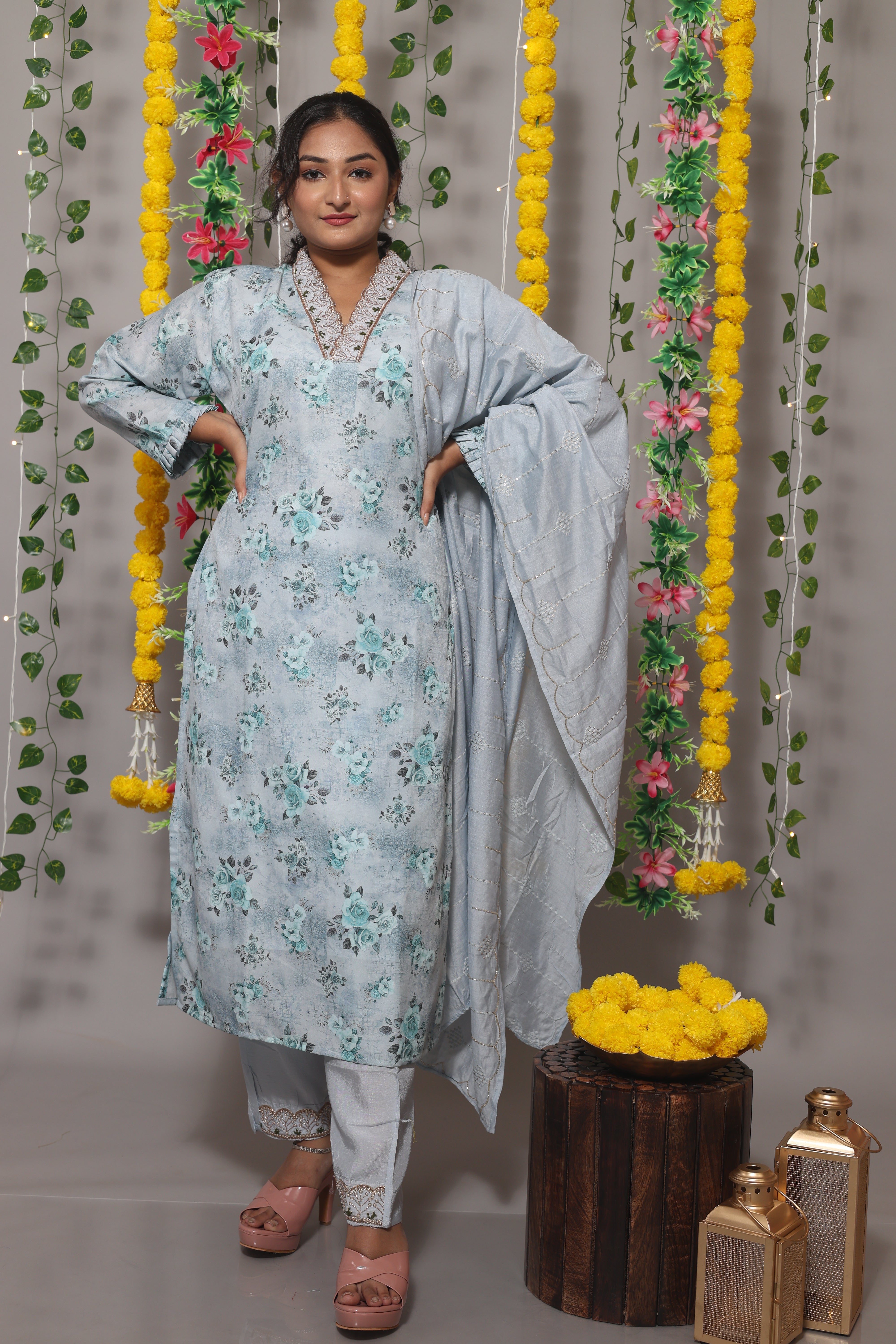 Floral Digital Print Muslin Suit Set