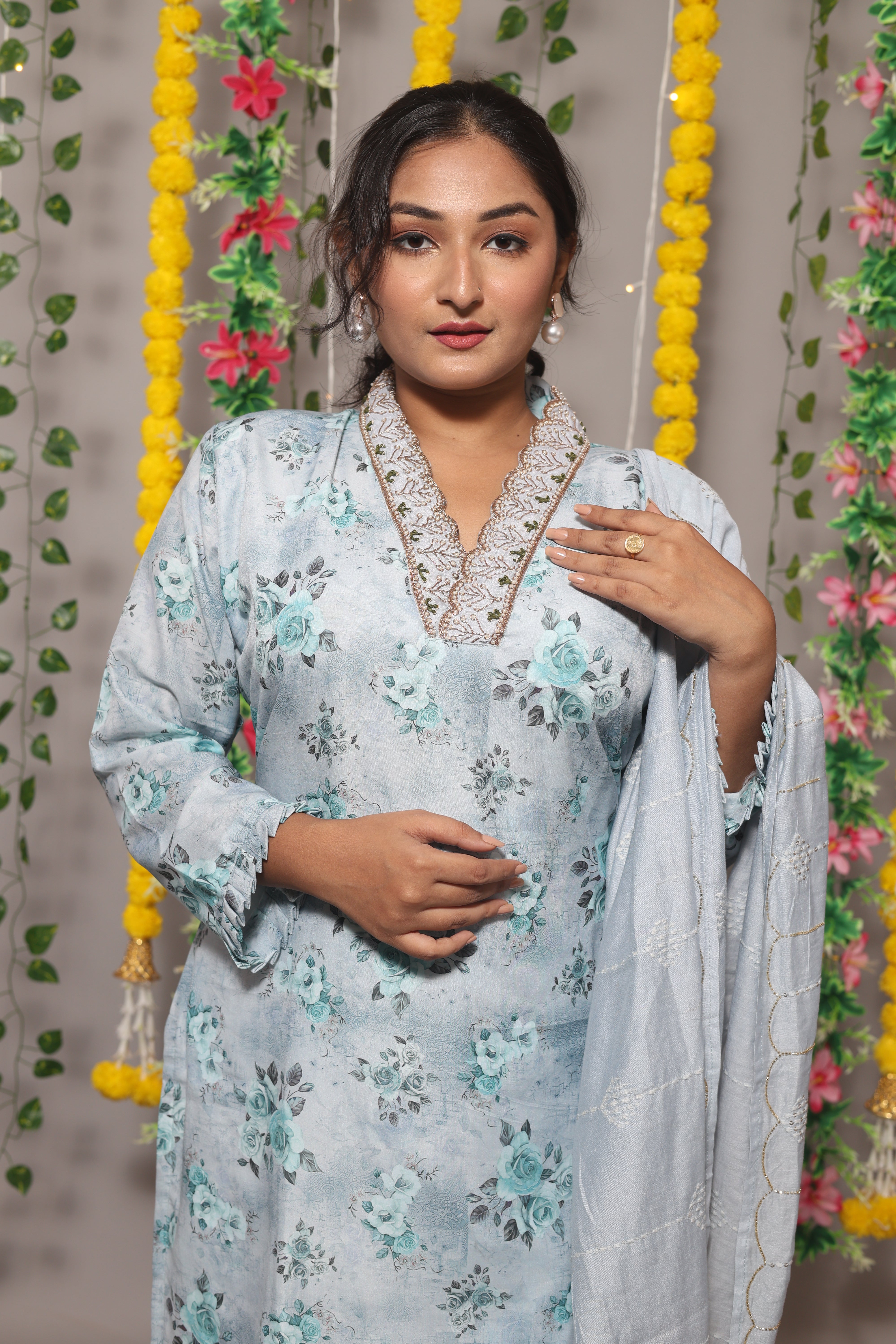 Floral Digital Print Muslin Suit Set