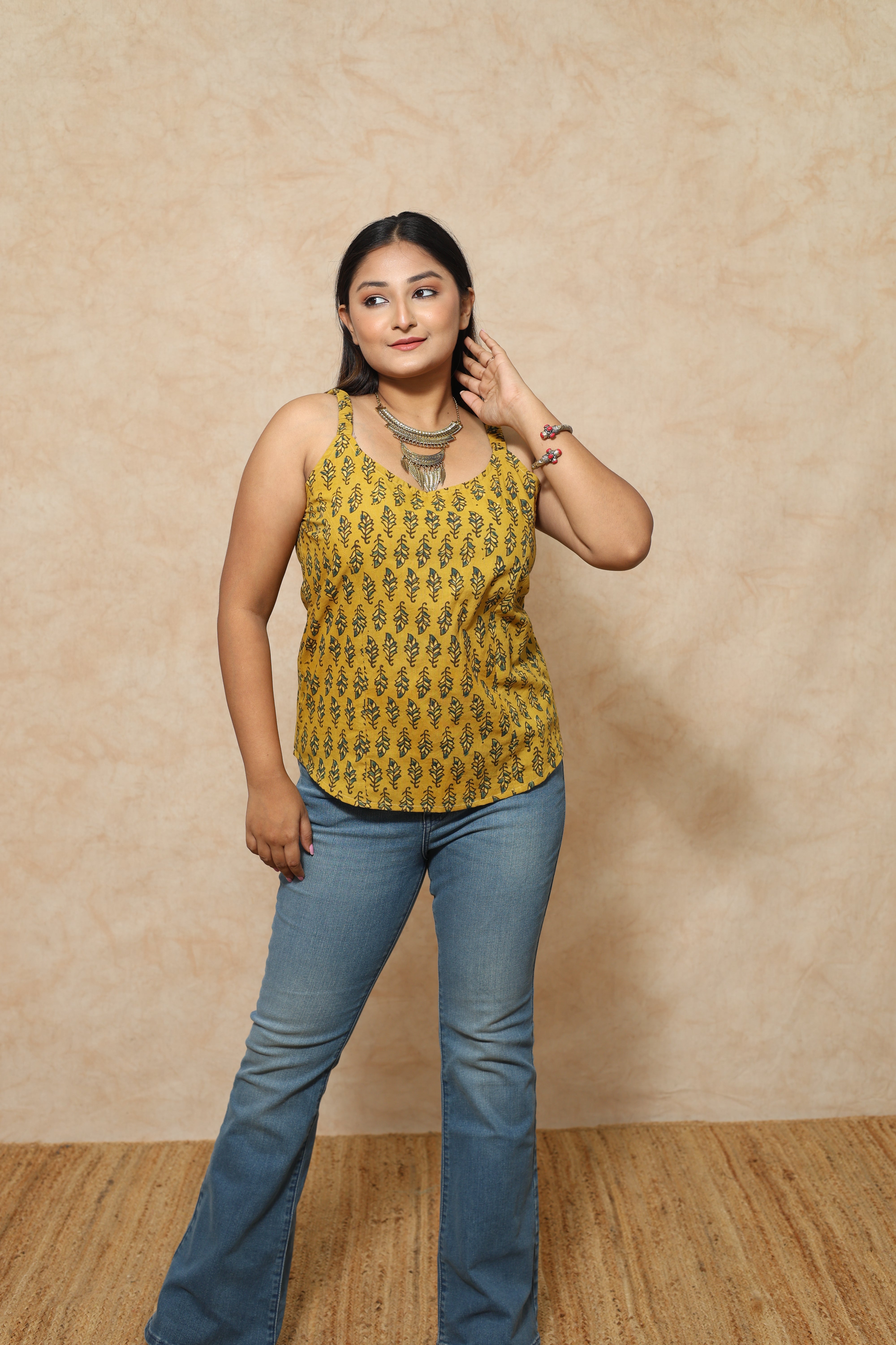 Vegitable Dye Yellow Ajrakh Block Print Cotton Tops