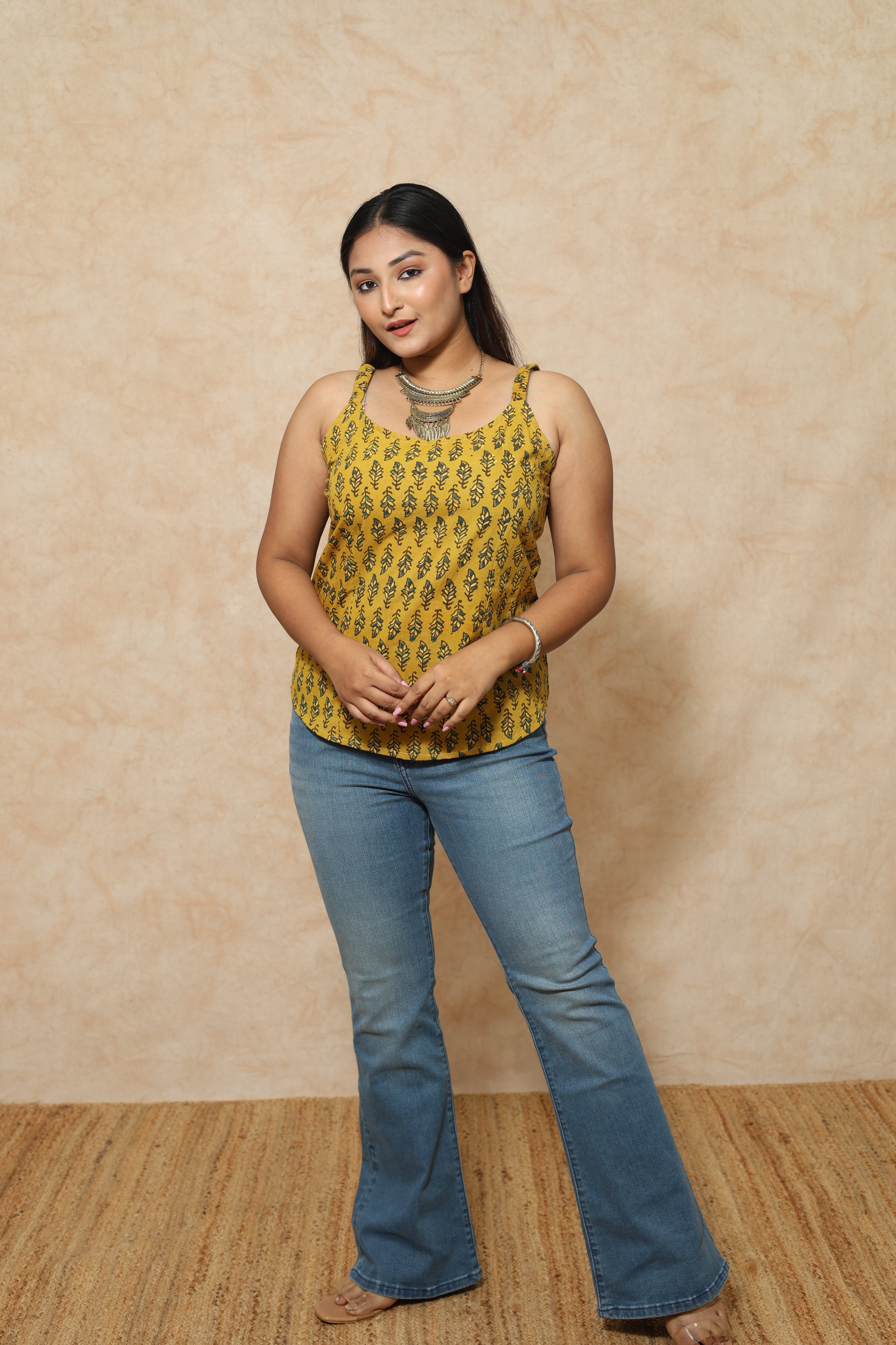 Vegitable Dye Yellow Ajrakh Block Print Cotton Tops