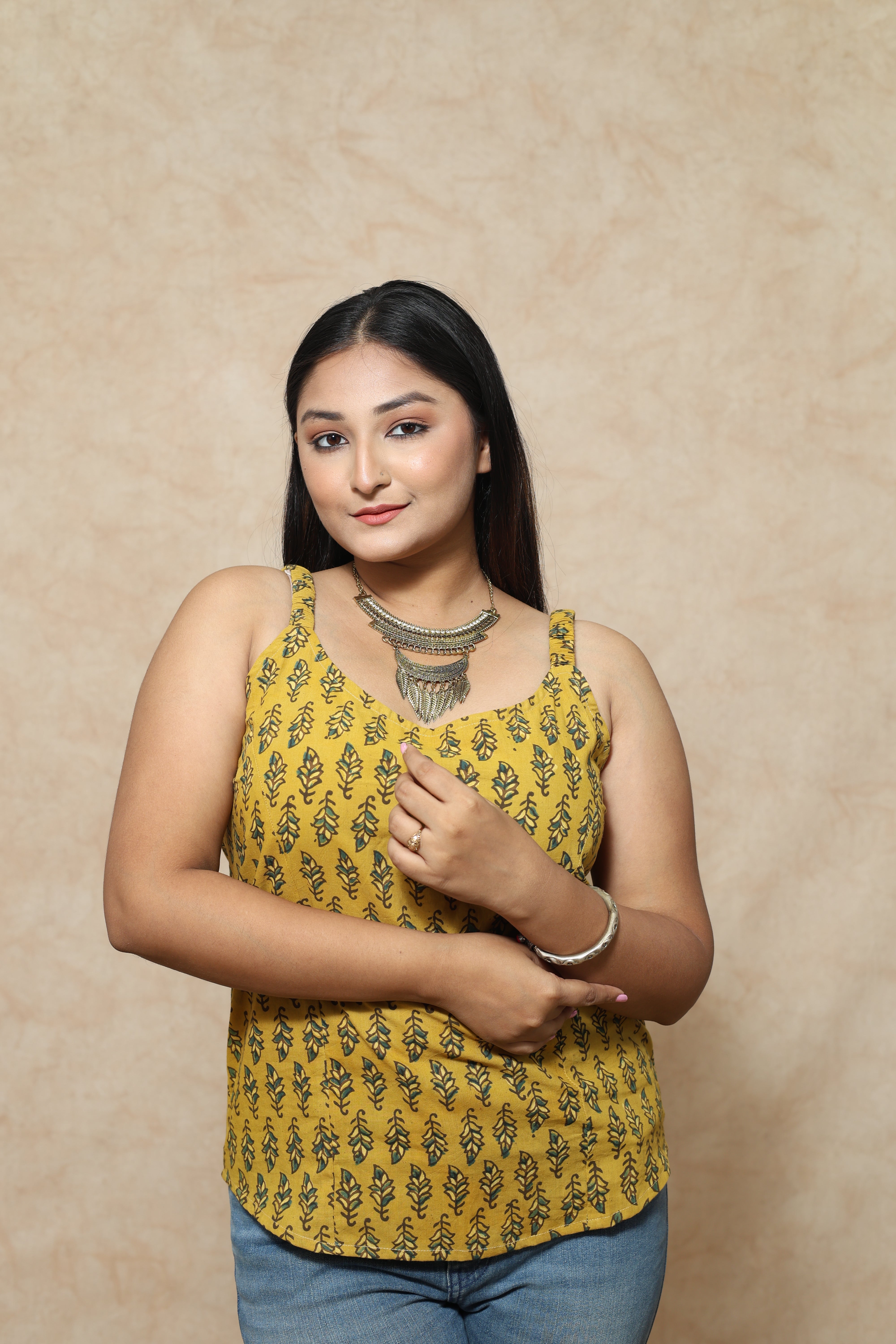 Vegitable Dye Yellow Ajrakh Block Print Cotton Tops