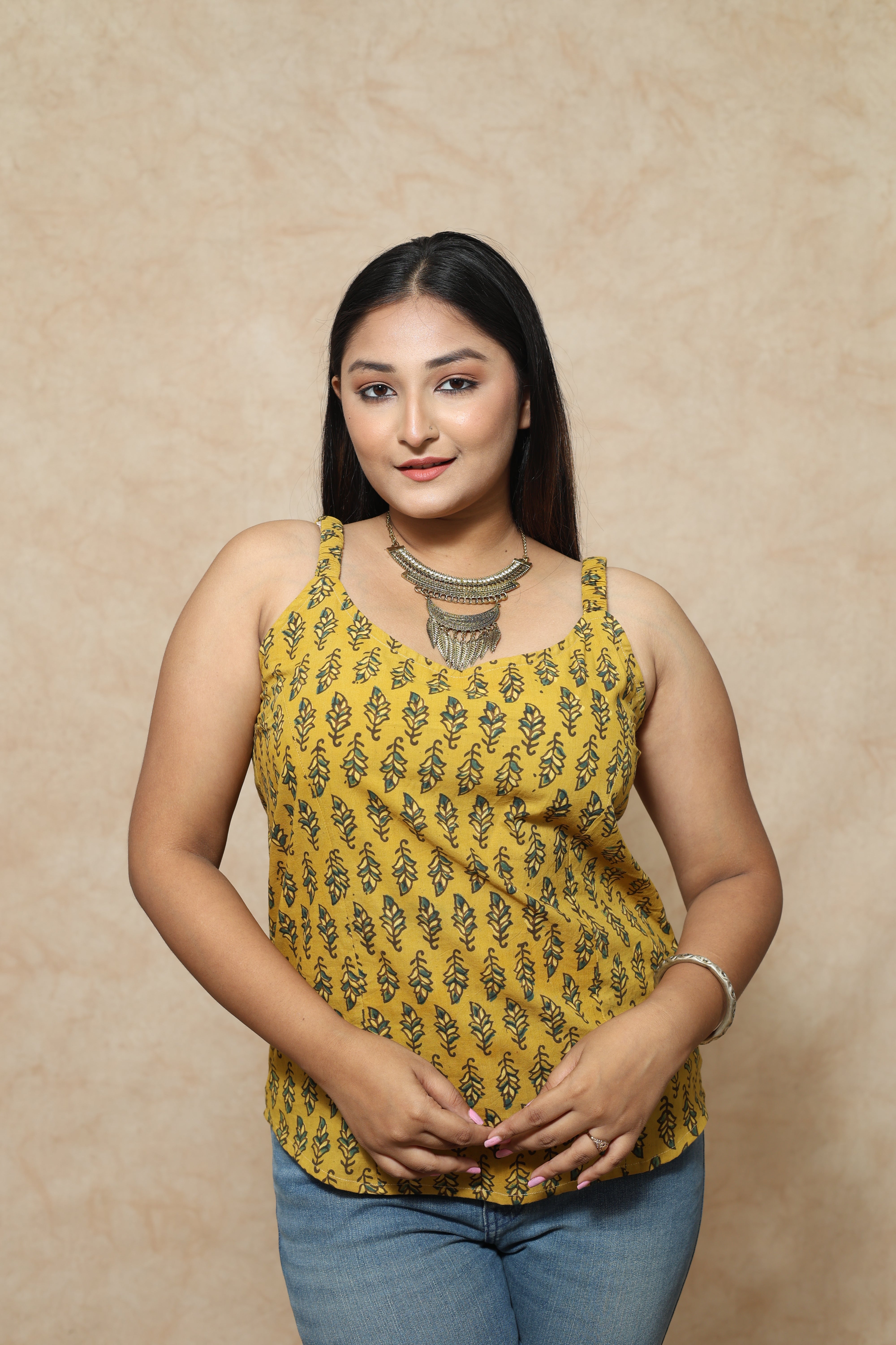 Vegitable Dye Yellow Ajrakh Block Print Cotton Tops