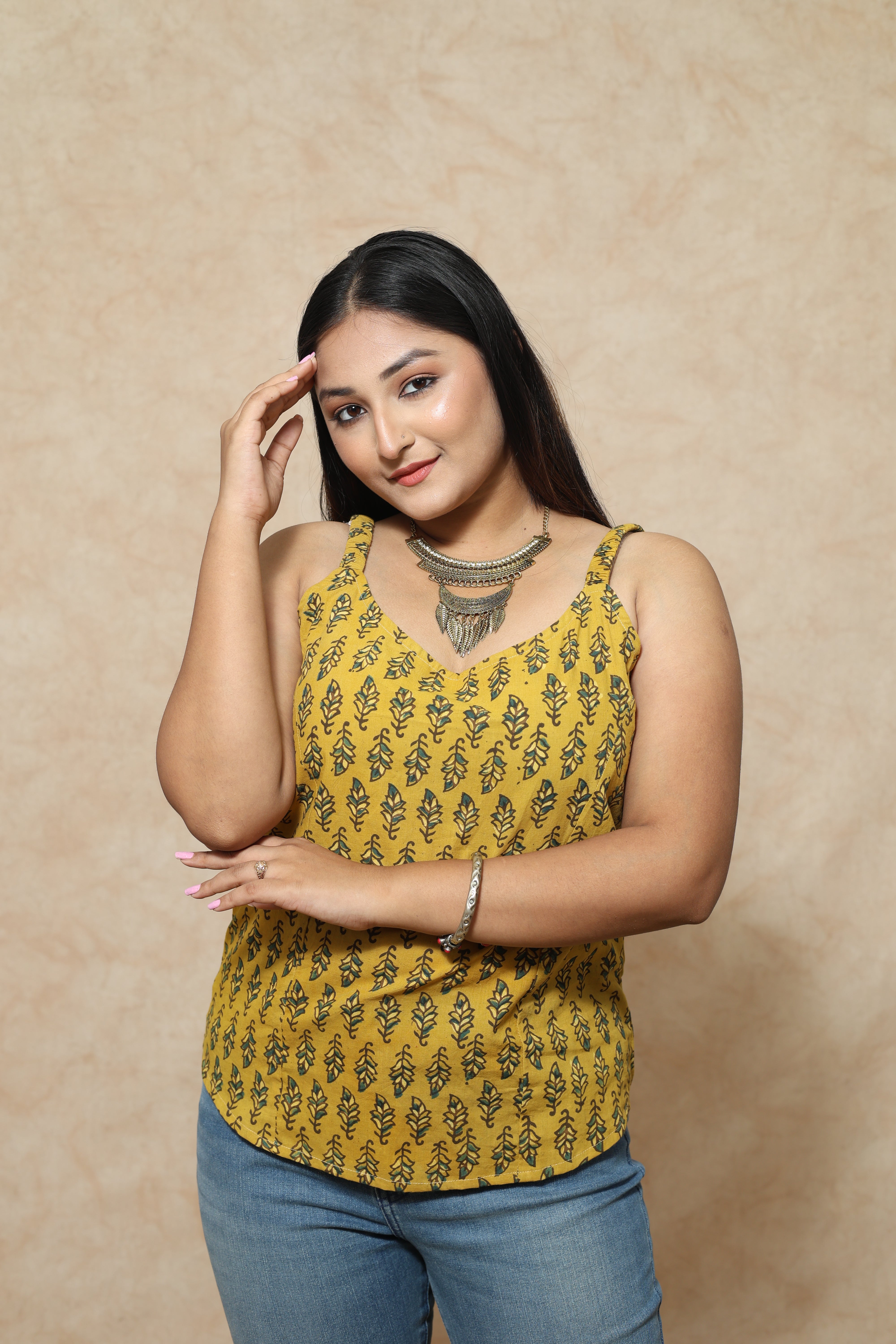 Vegitable Dye Yellow Ajrakh Block Print Cotton Tops