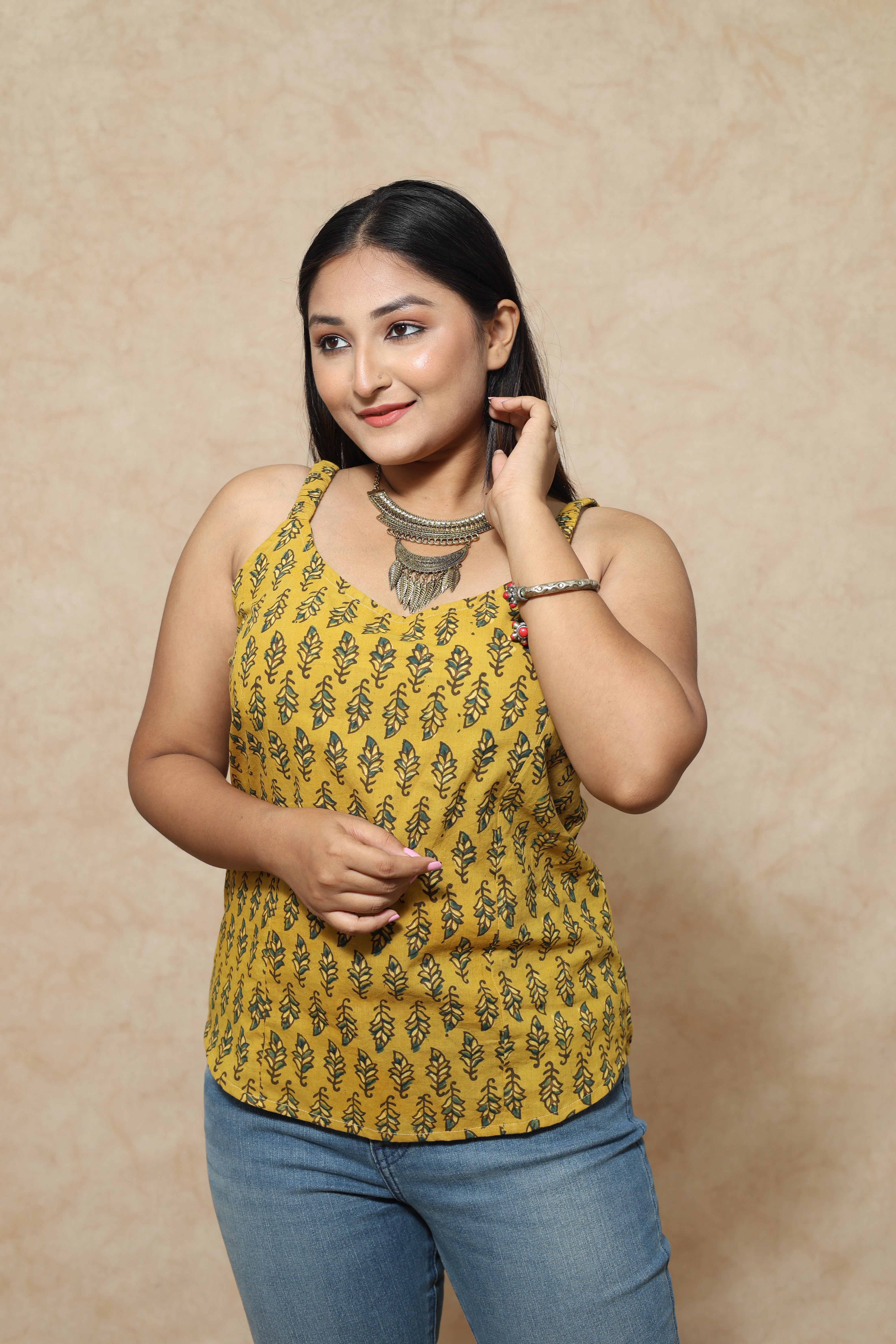 Vegitable Dye Yellow Ajrakh Block Print Cotton Tops