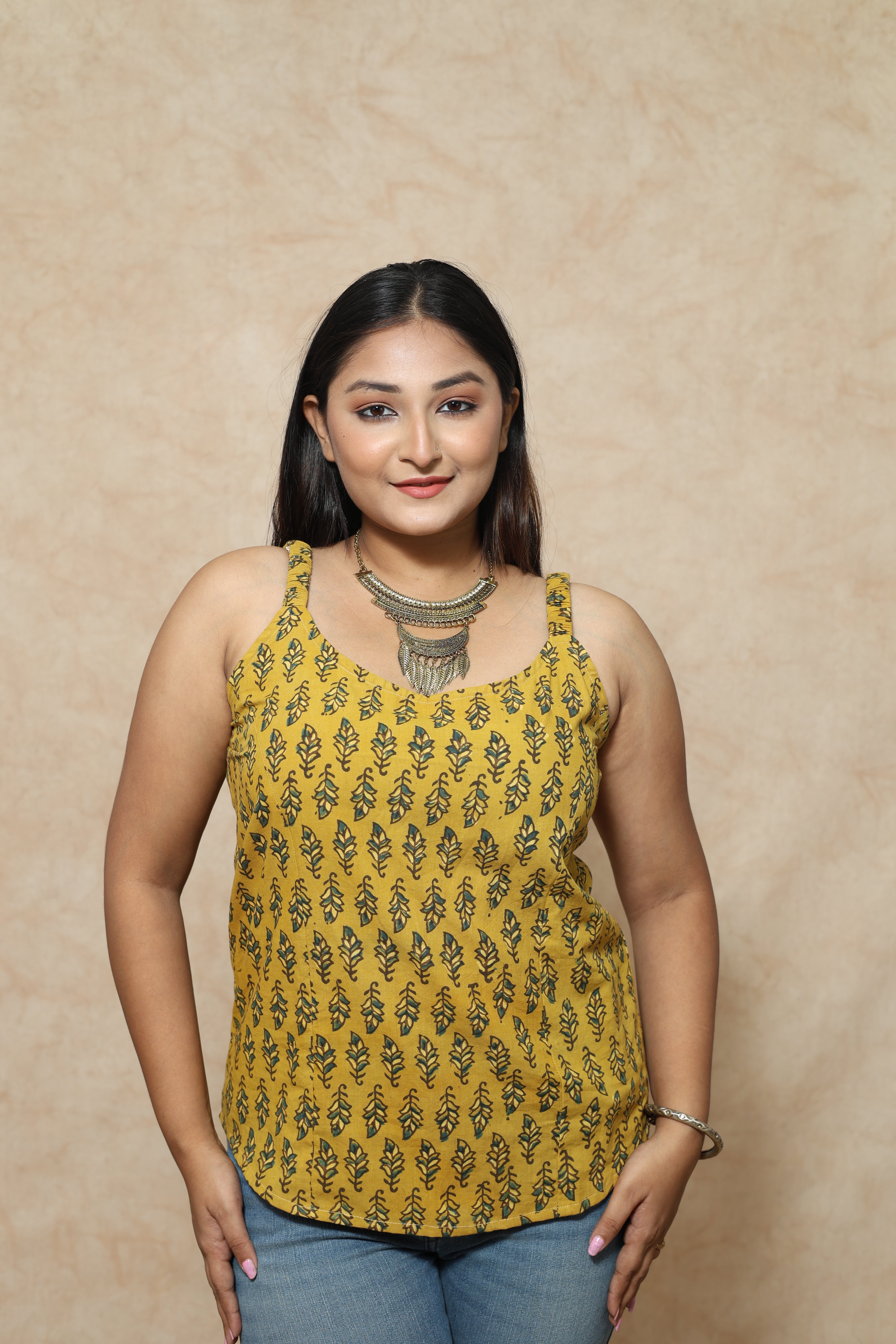 Vegitable Dye Yellow Ajrakh Block Print Cotton Tops