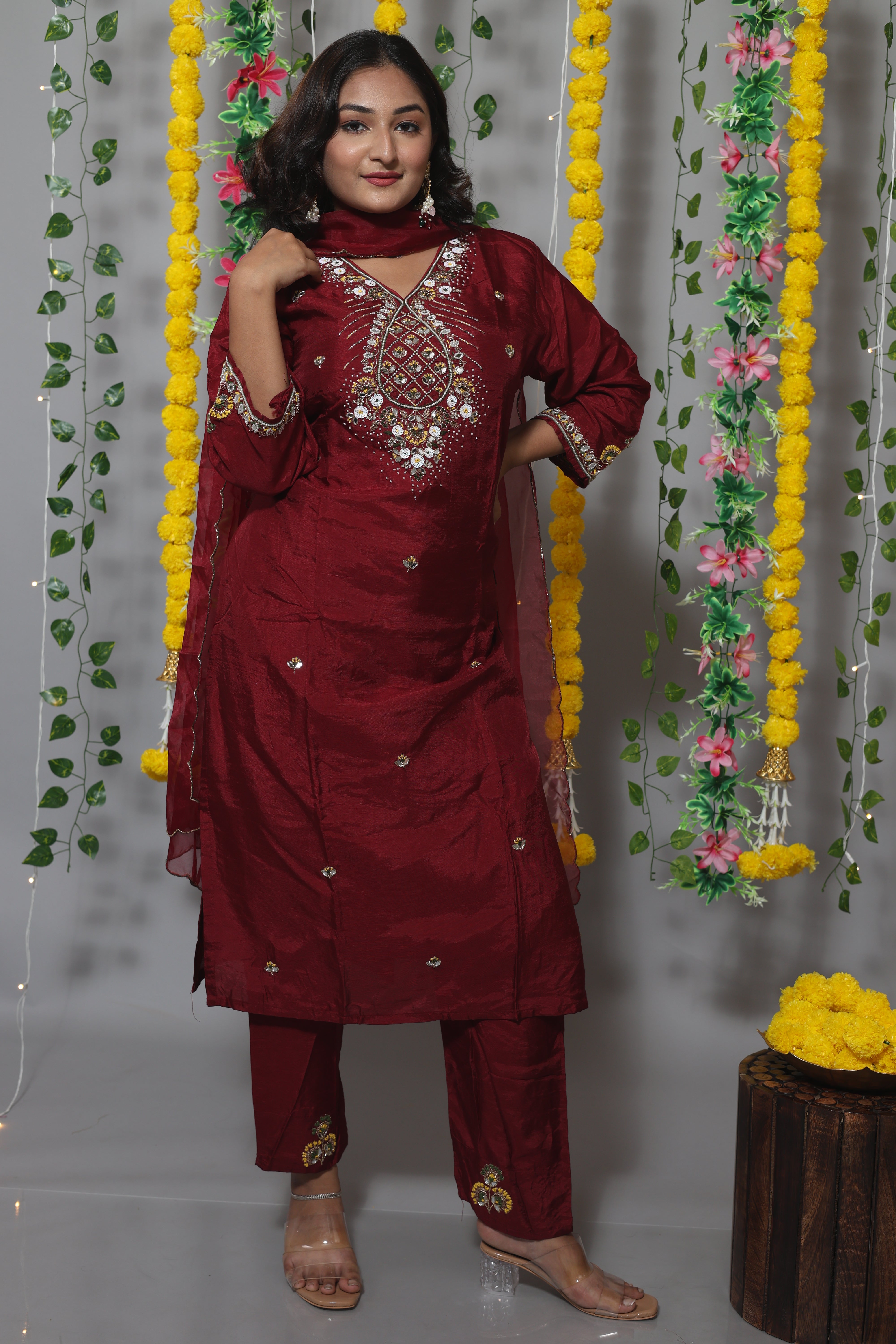 Maroon Color Handwork Dola Silk Suit Set