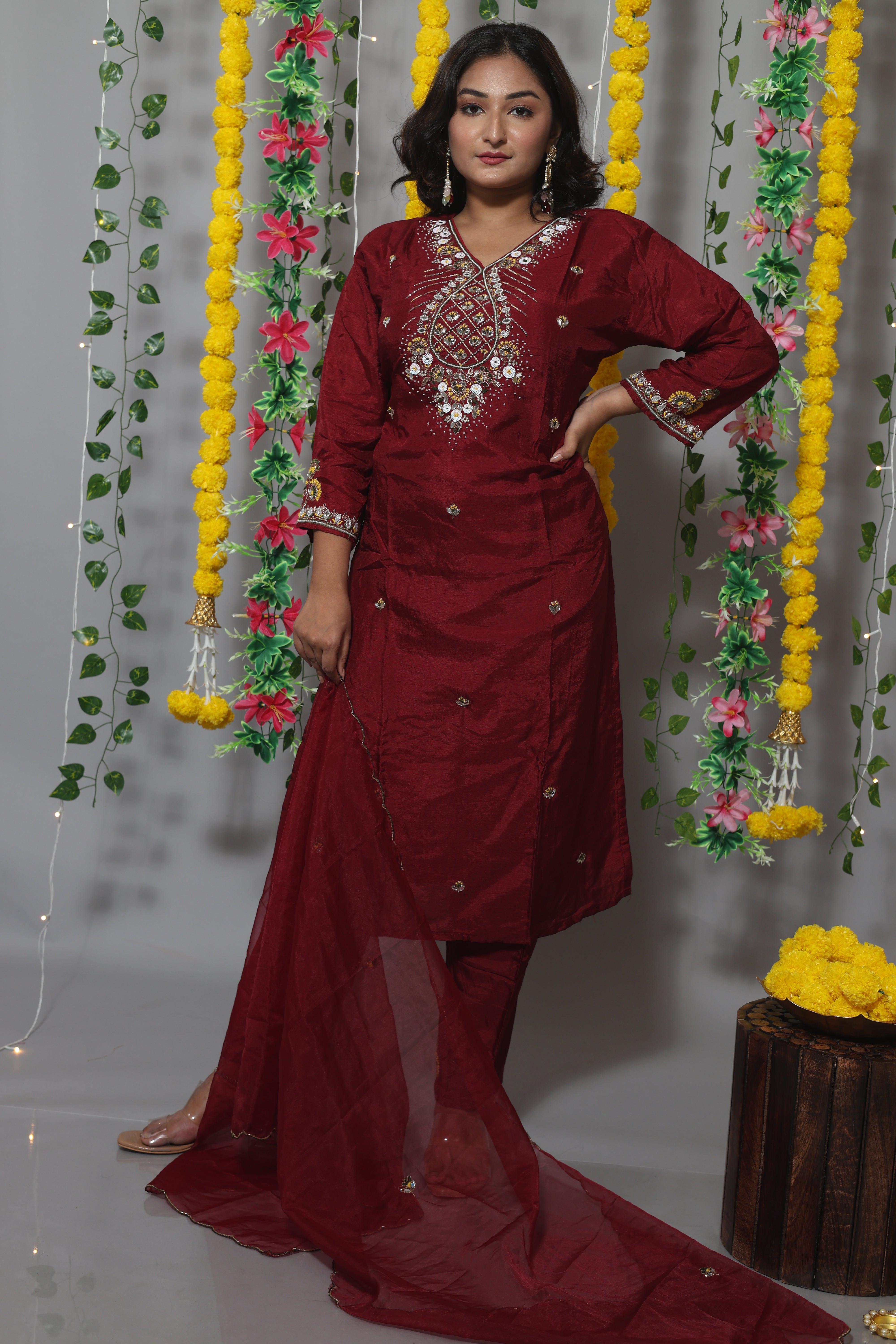 Maroon Color Handwork Dola Silk Suit Set