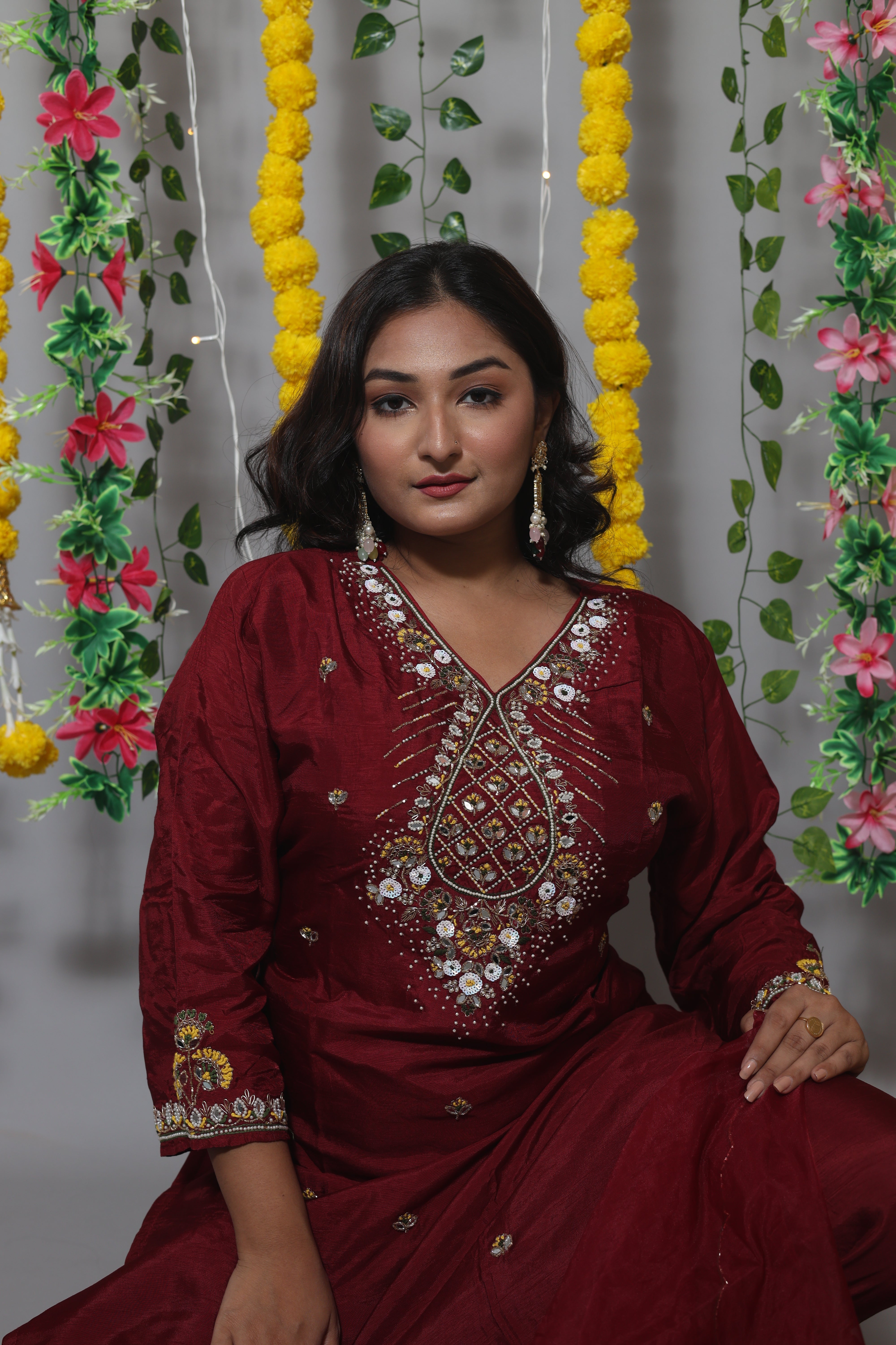 Maroon Color Handwork Dola Silk Suit Set