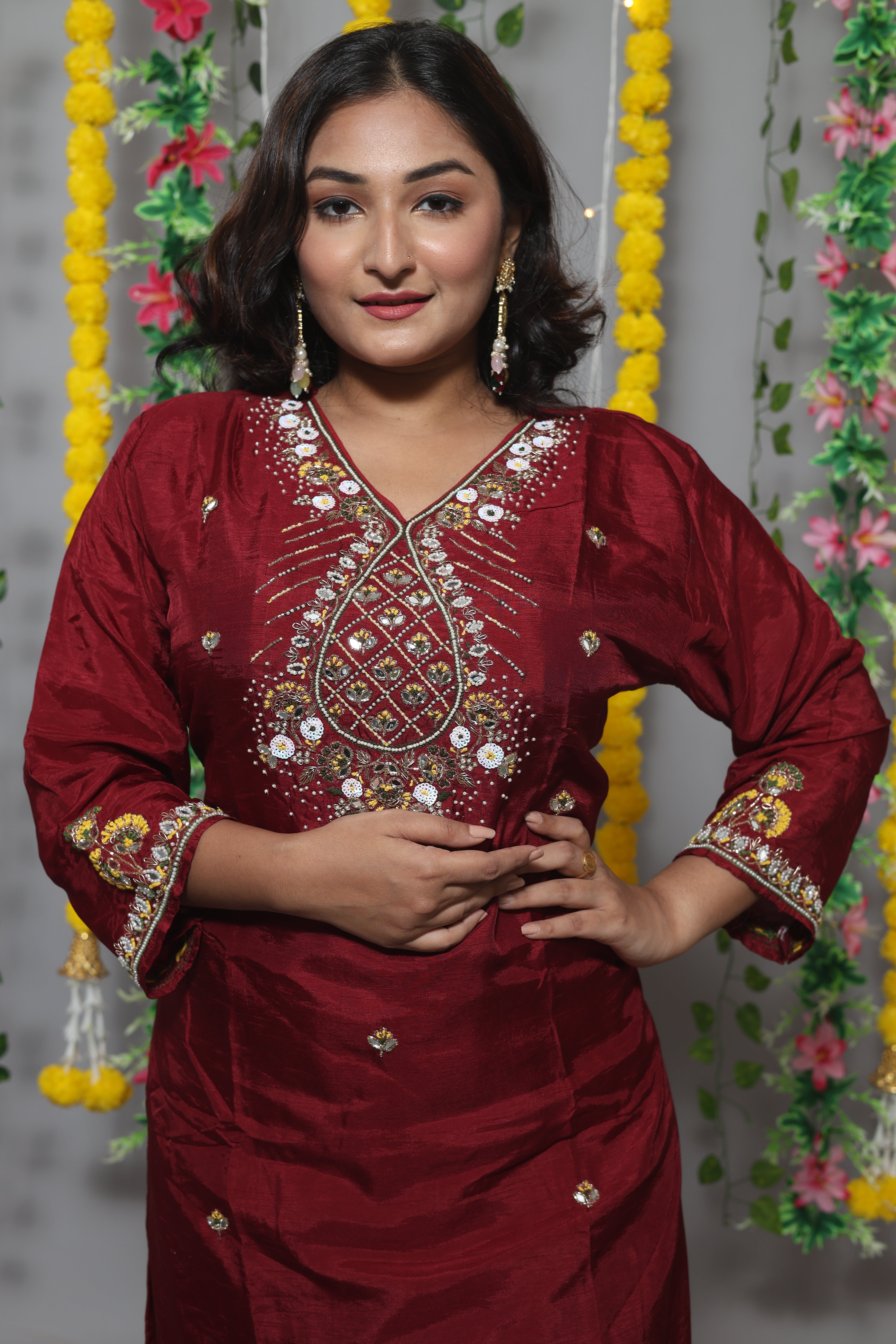 Maroon Color Handwork Dola Silk Suit Set