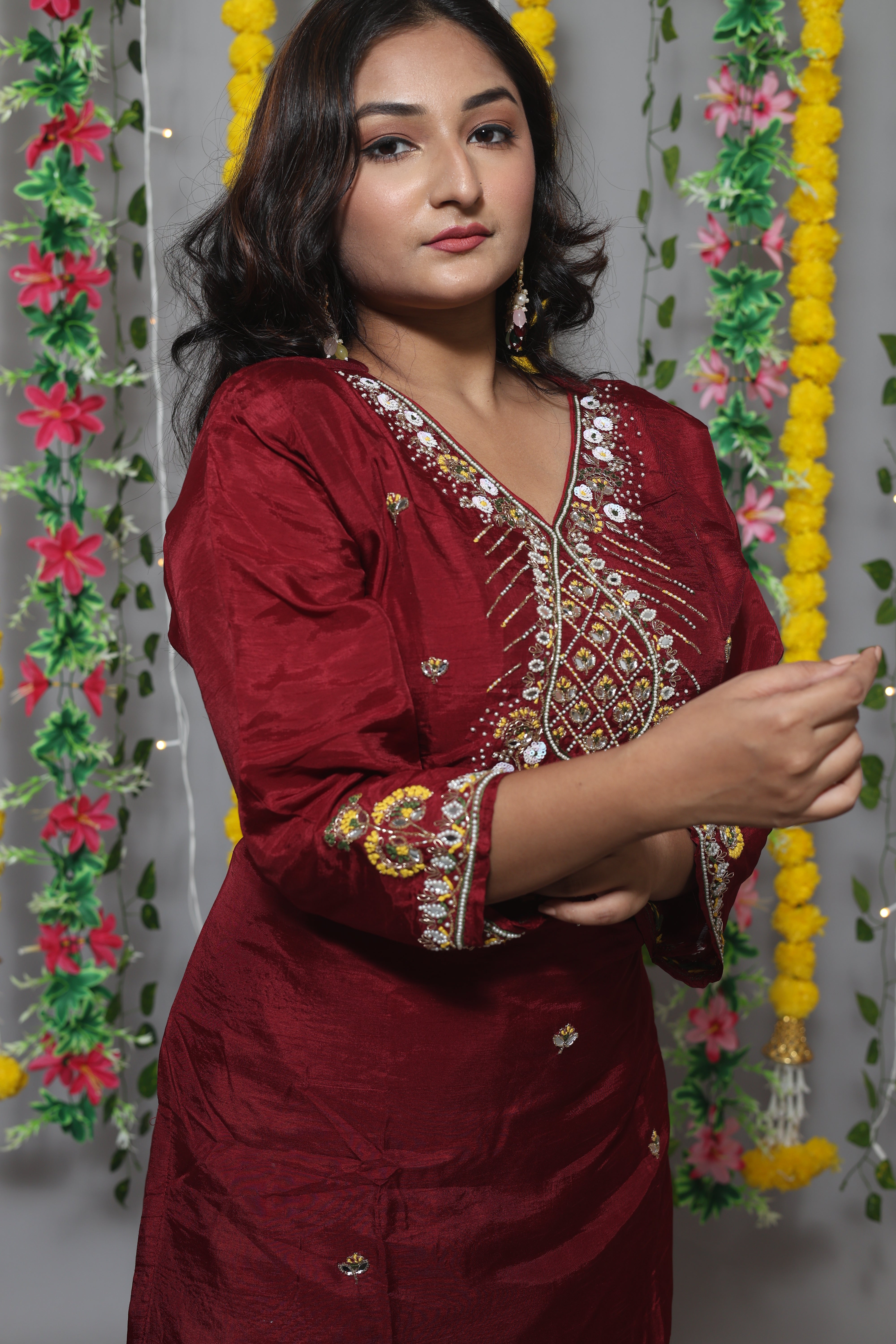 Maroon Color Handwork Dola Silk Suit Set