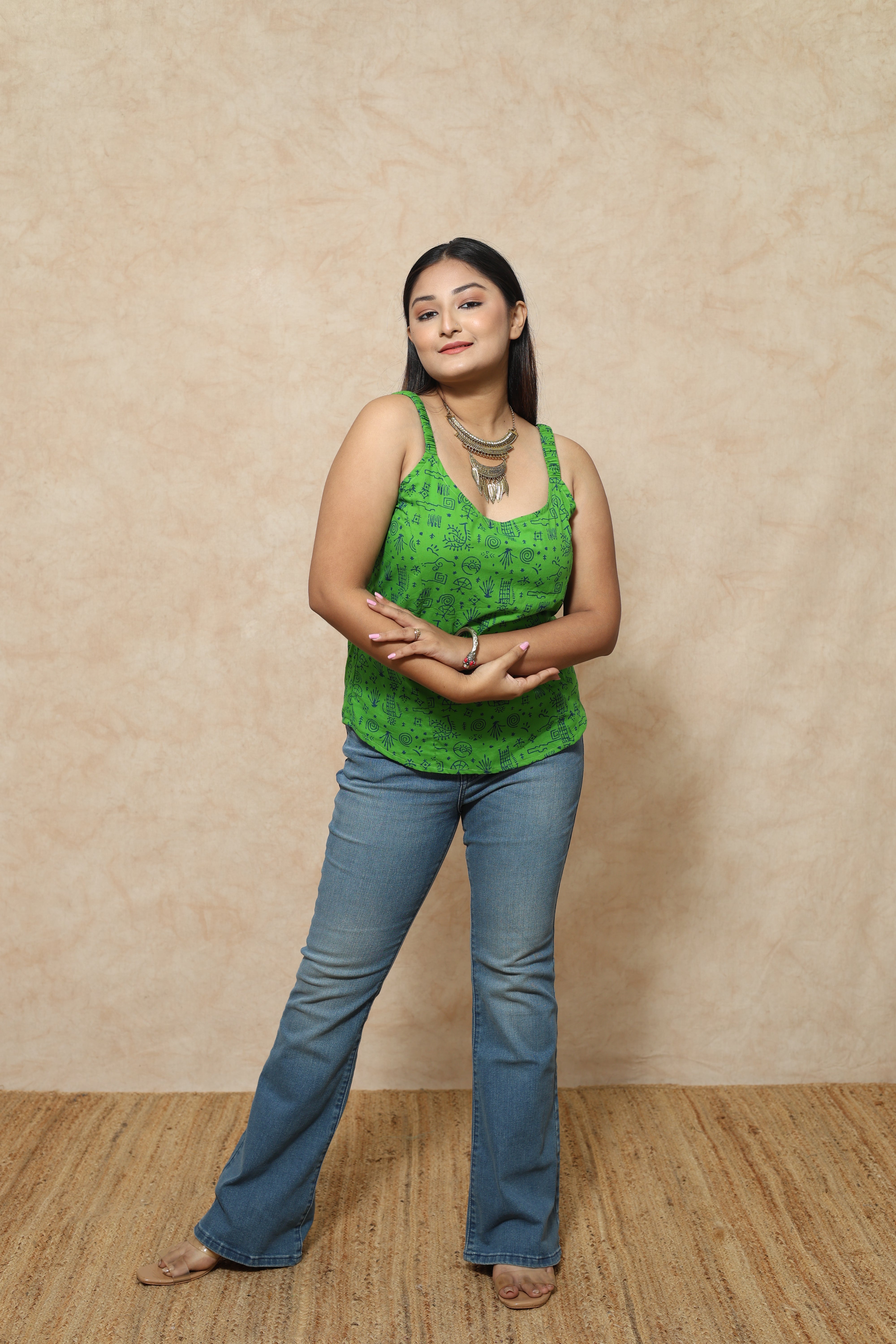 Green Ajrakh Block Print Cotton Tops