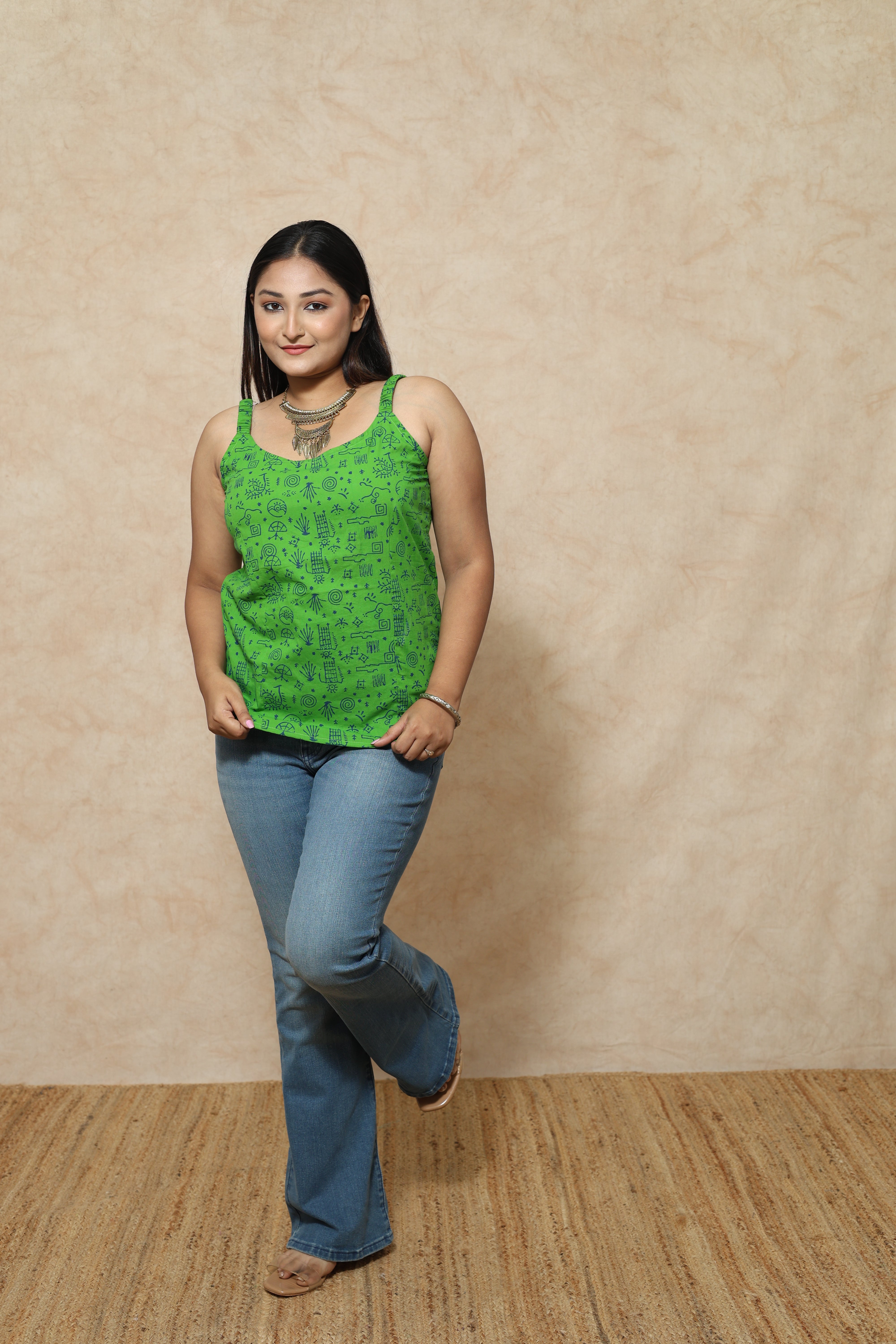 Green Ajrakh Block Print Cotton Tops