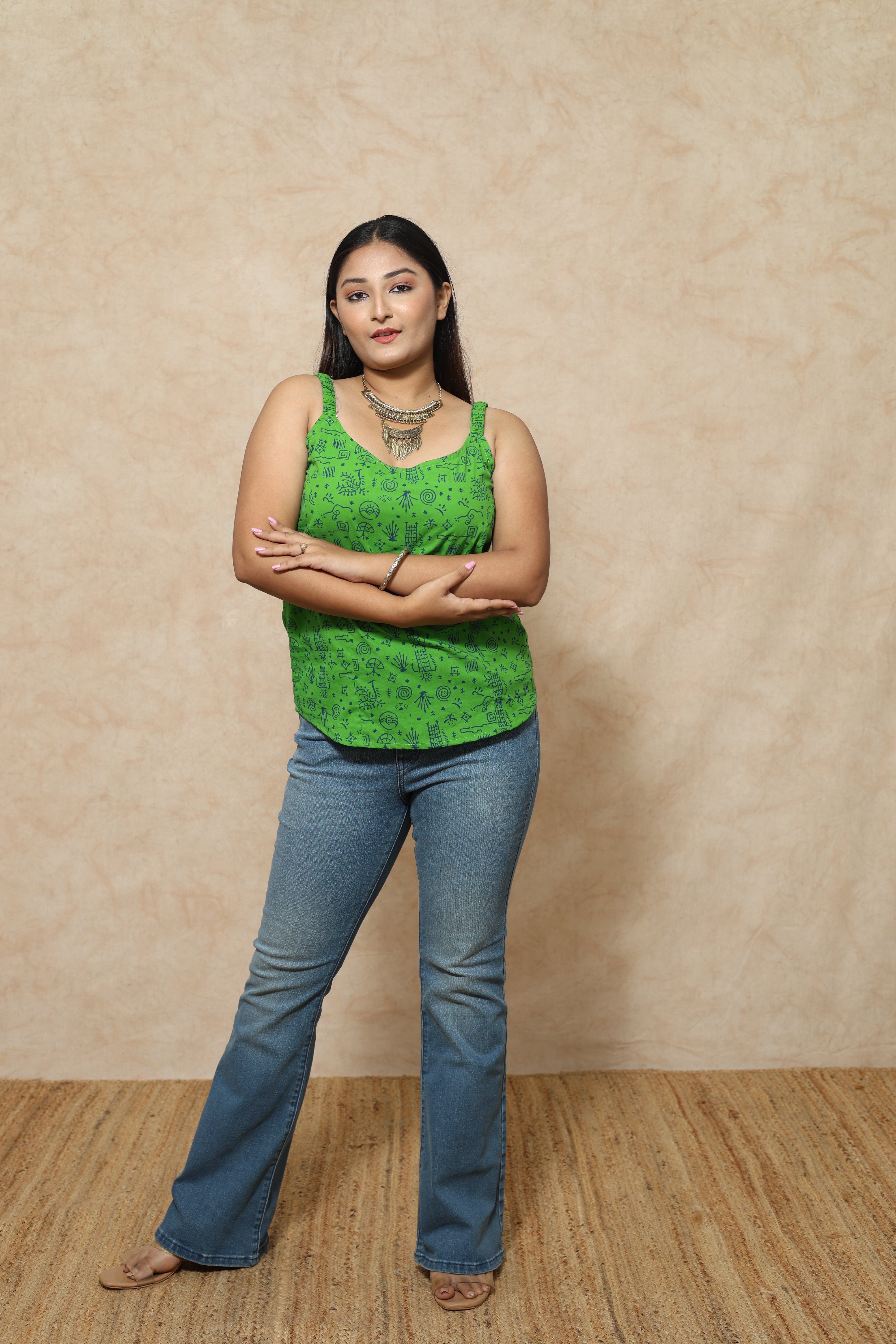 Green Ajrakh Block Print Cotton Tops