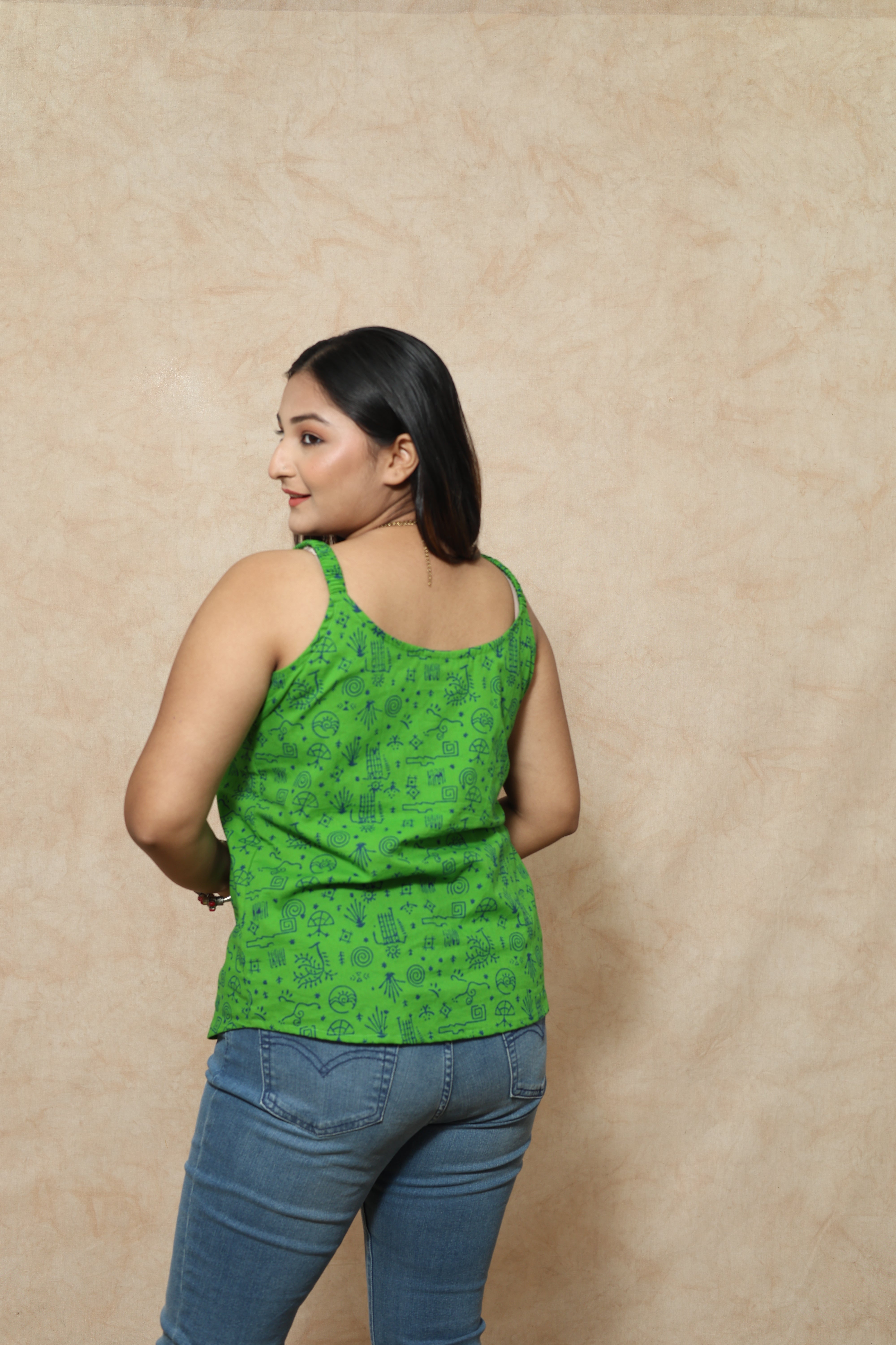 Green Ajrakh Block Print Cotton Tops