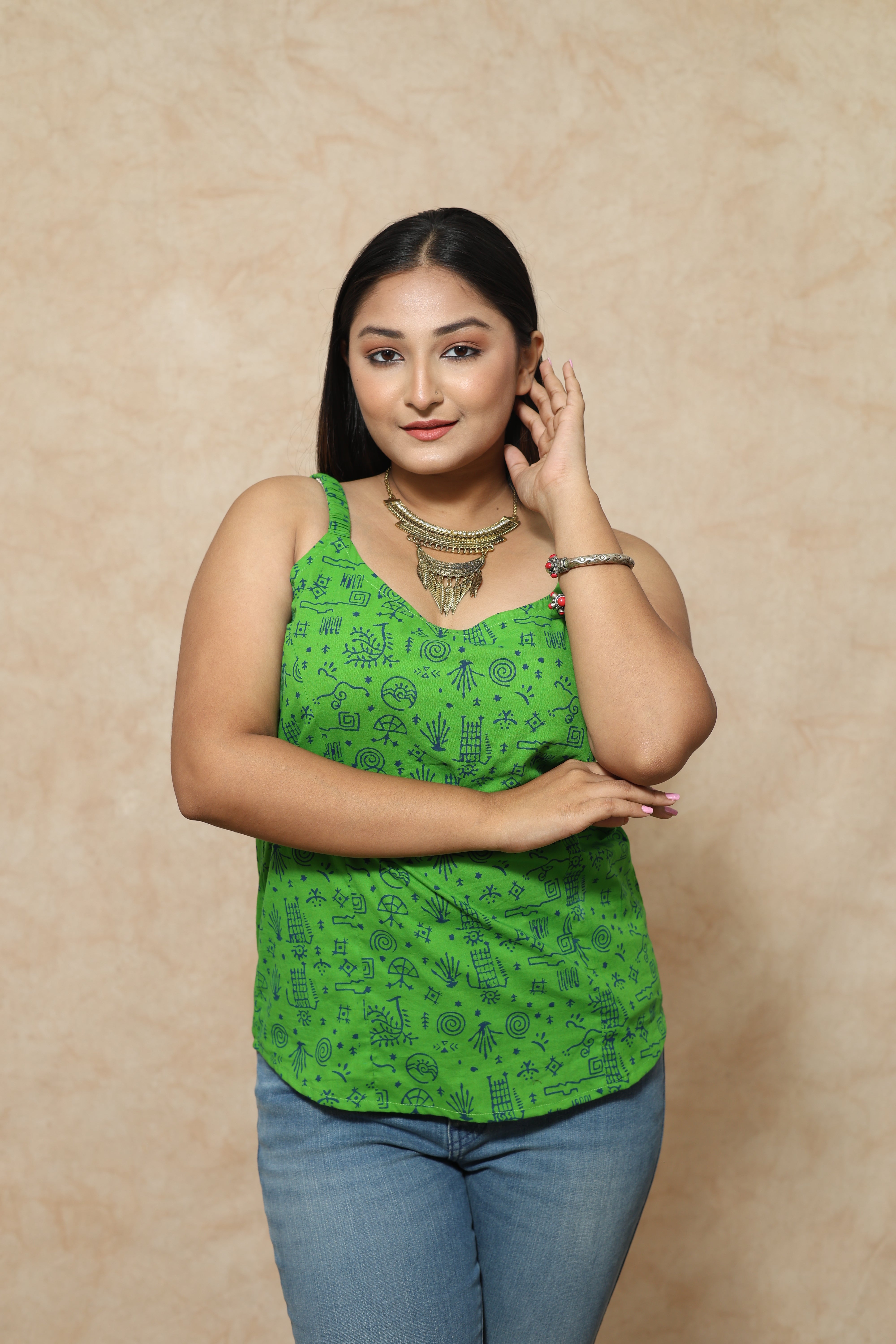 Green Ajrakh Block Print Cotton Tops