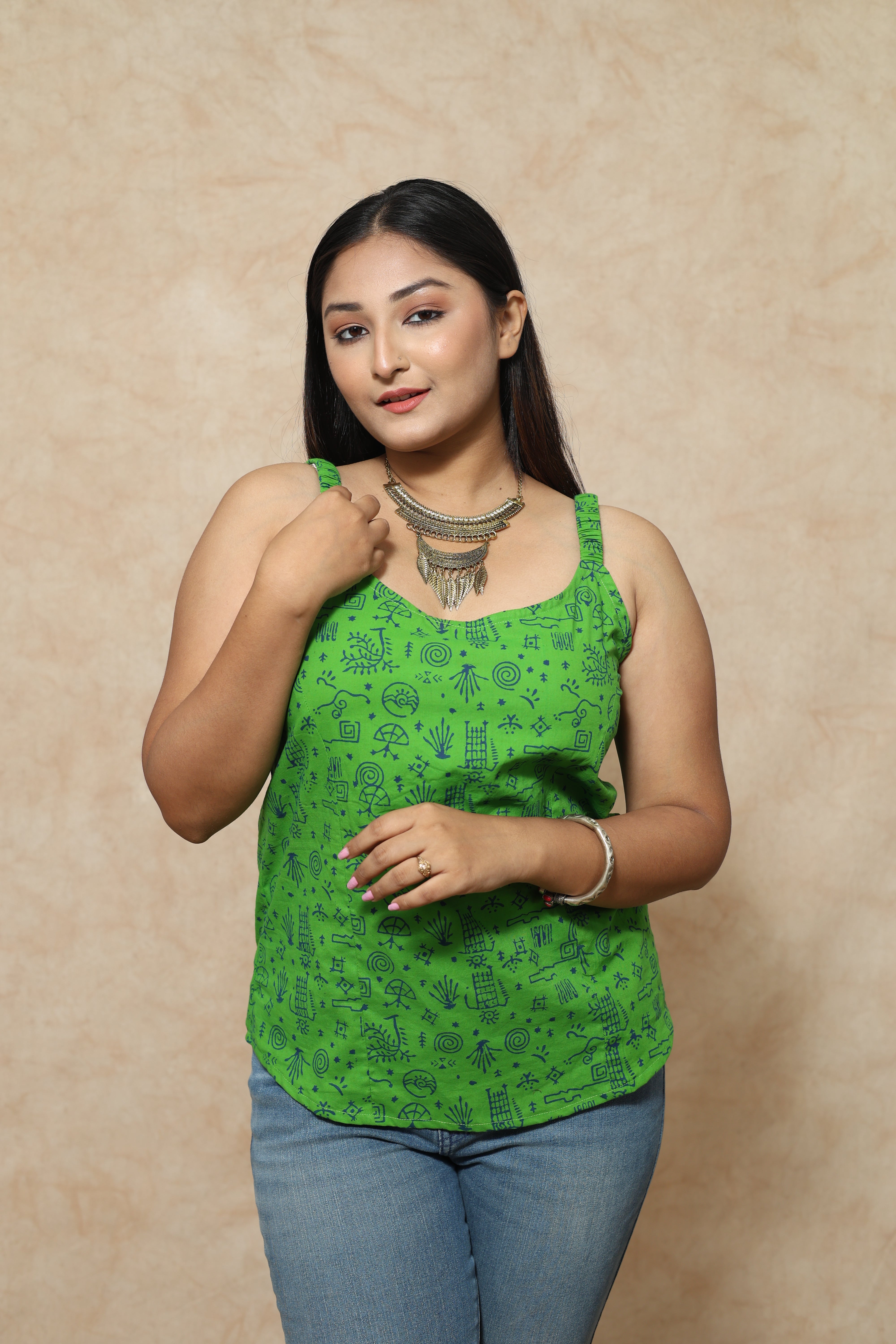 Green Ajrakh Block Print Cotton Tops