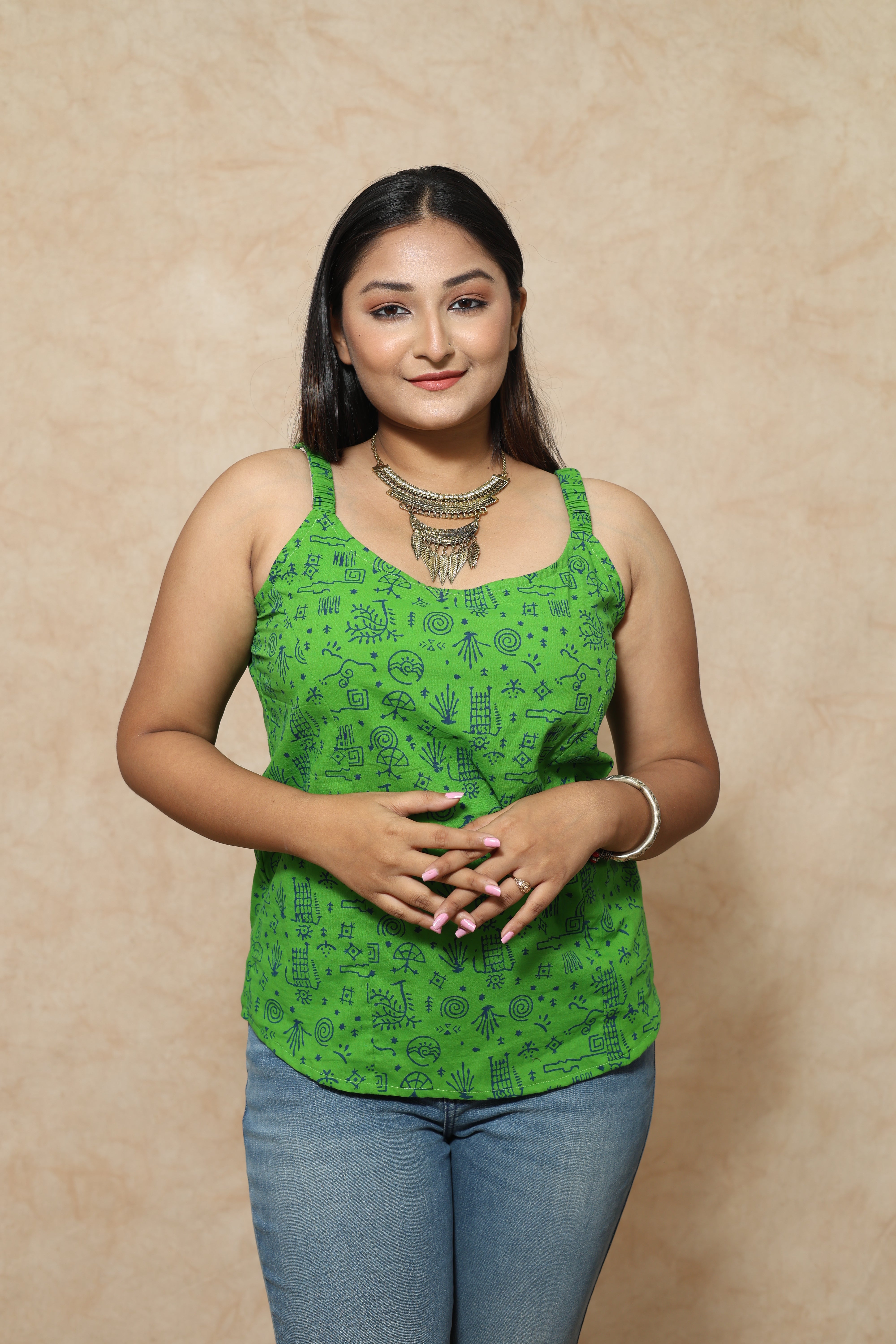 Green Ajrakh Block Print Cotton Tops