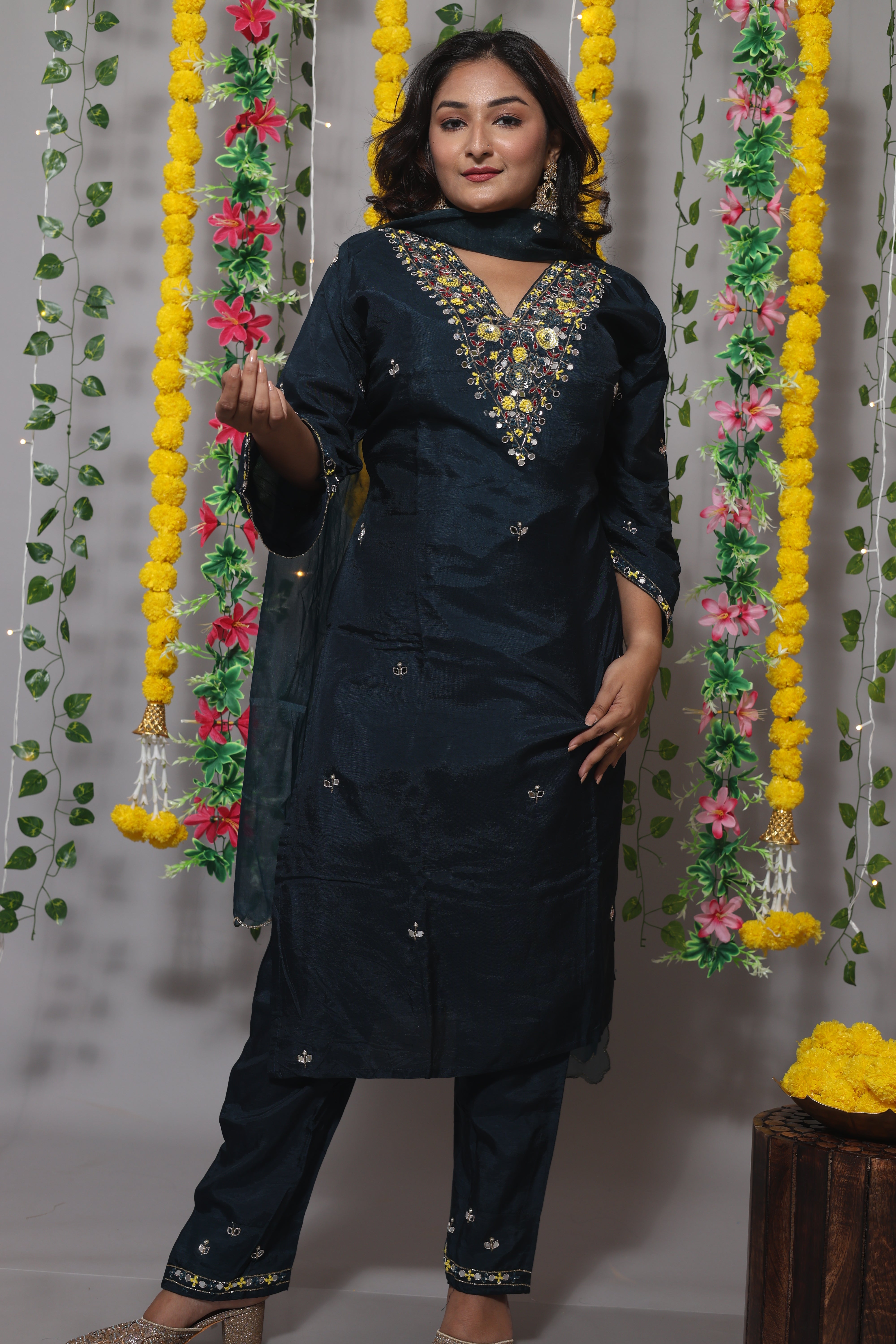 Blue color dola silk suit set featuring exquisite handwork