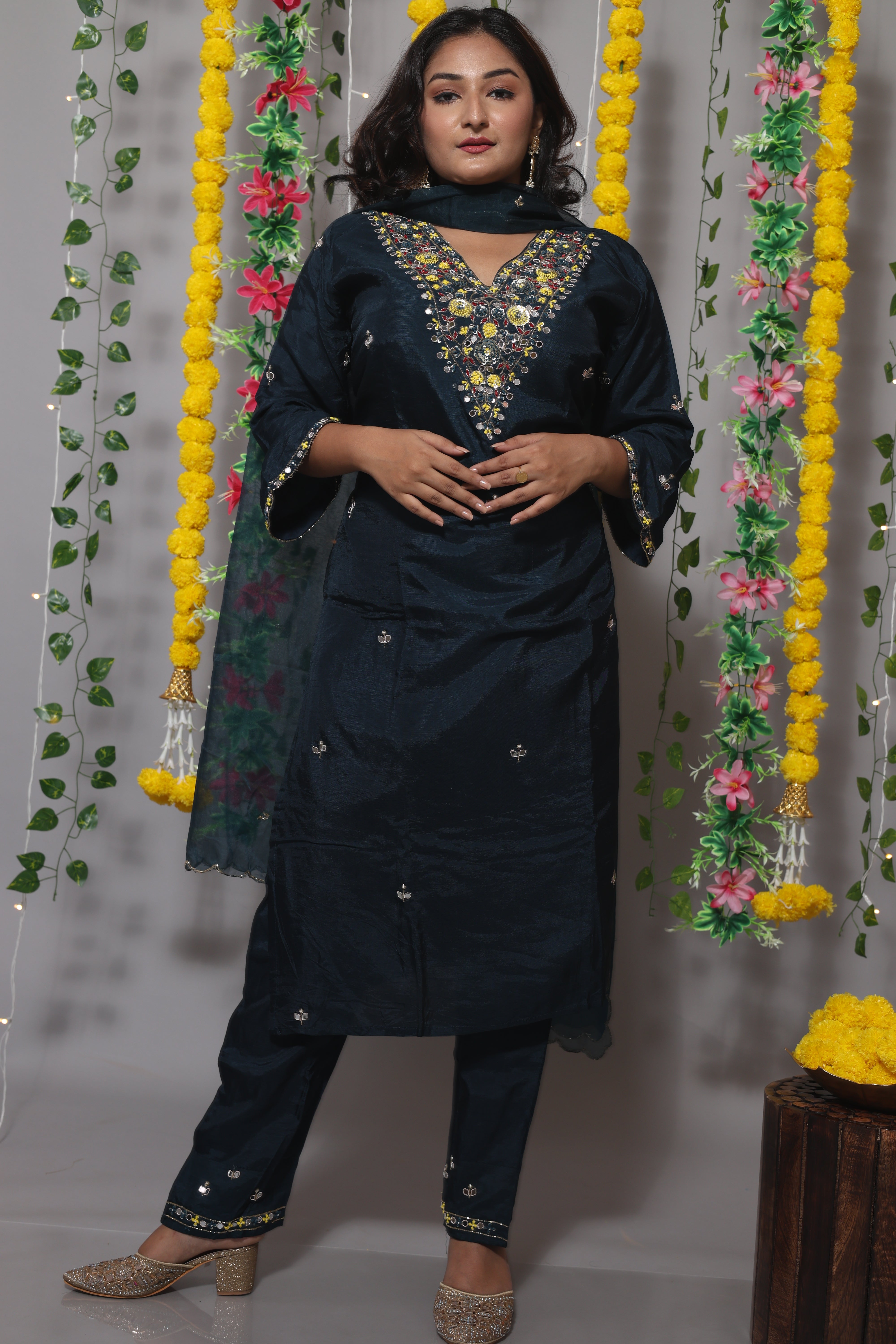 Blue Color Handwork Dola Silk Suit Set