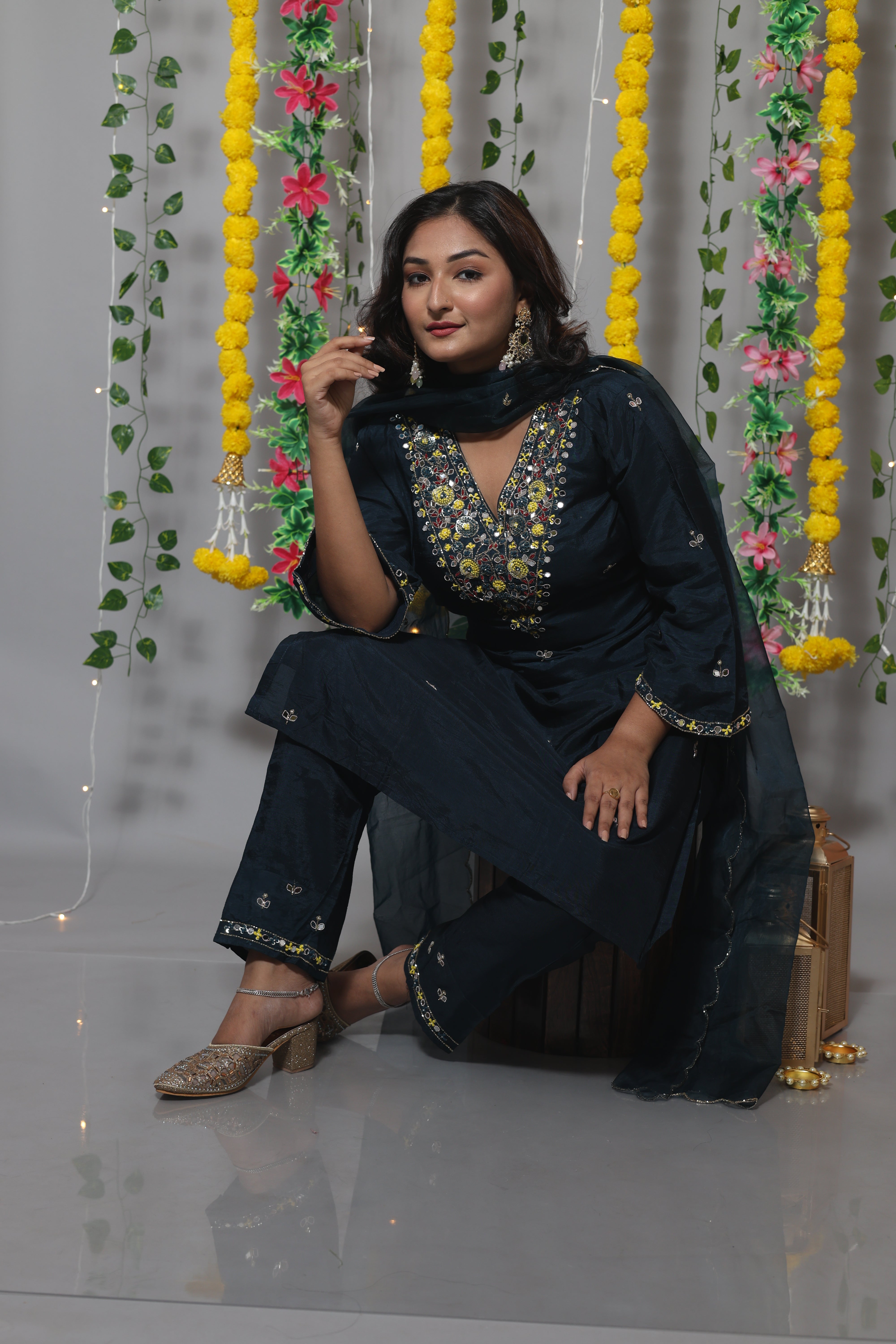 Blue Color Handwork Dola Silk Suit Set