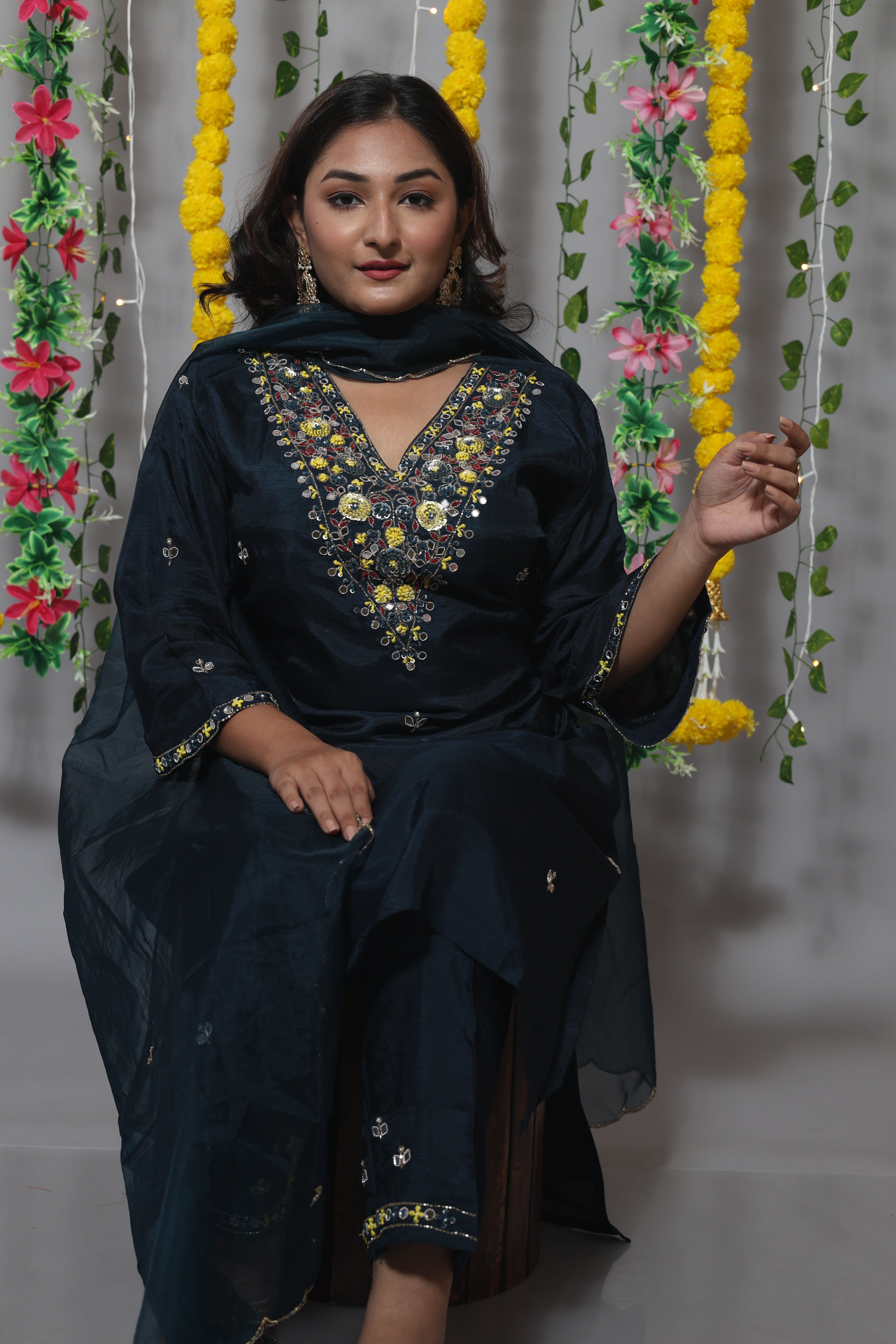 Blue Color Handwork Dola Silk Suit Set