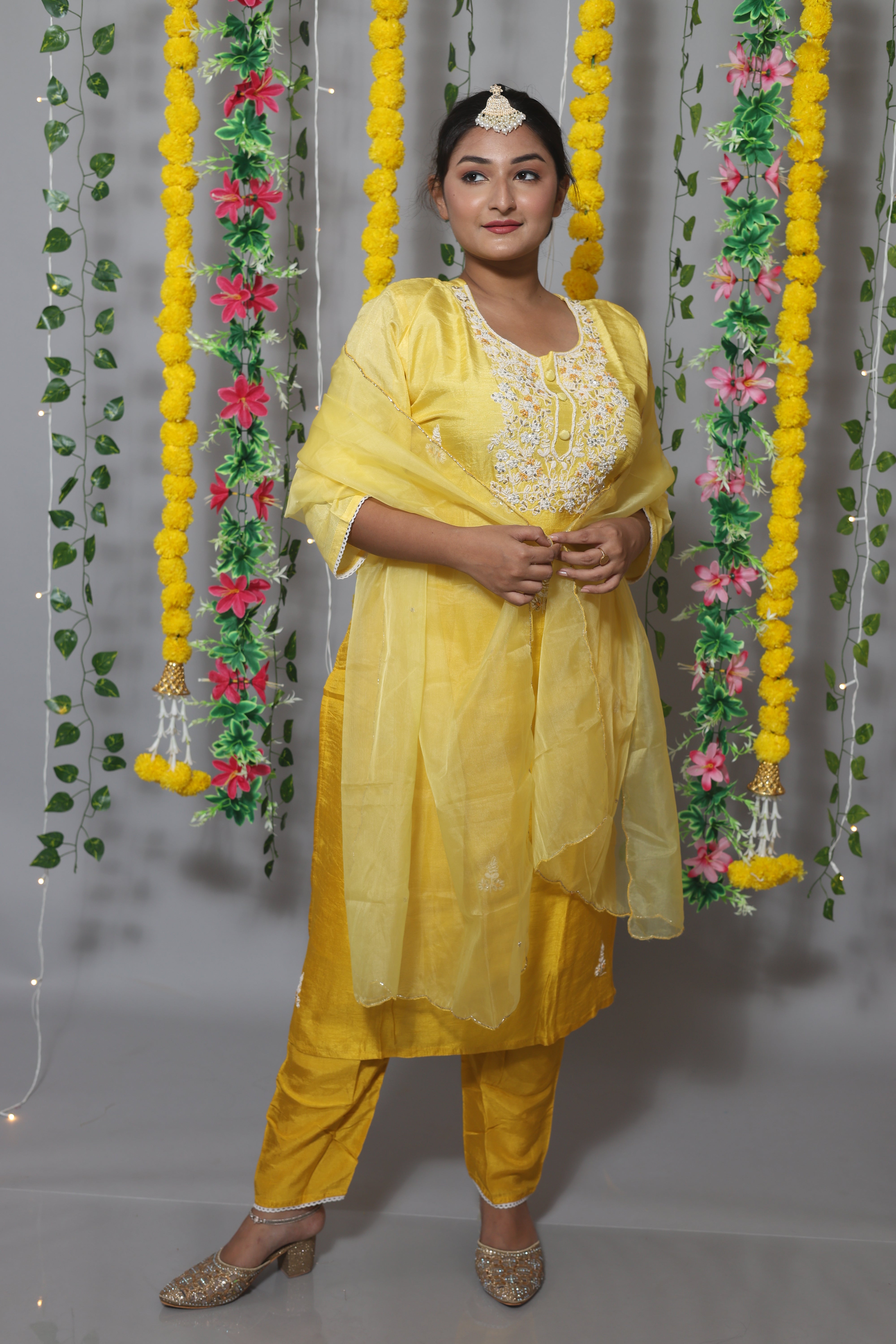 Yellow Handwork Dola Silk Suit Set