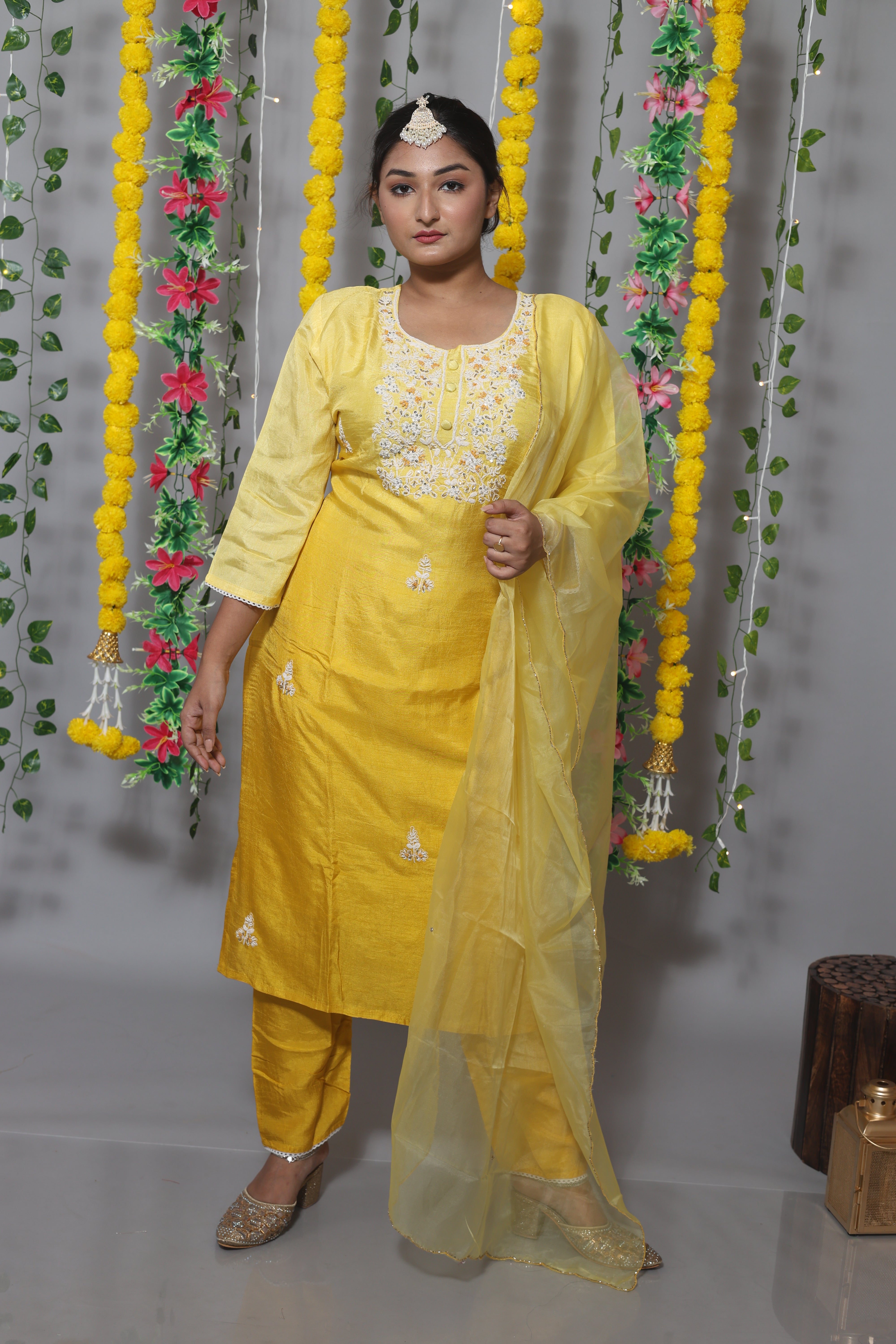 Yellow Handwork Dola Silk Suit Set