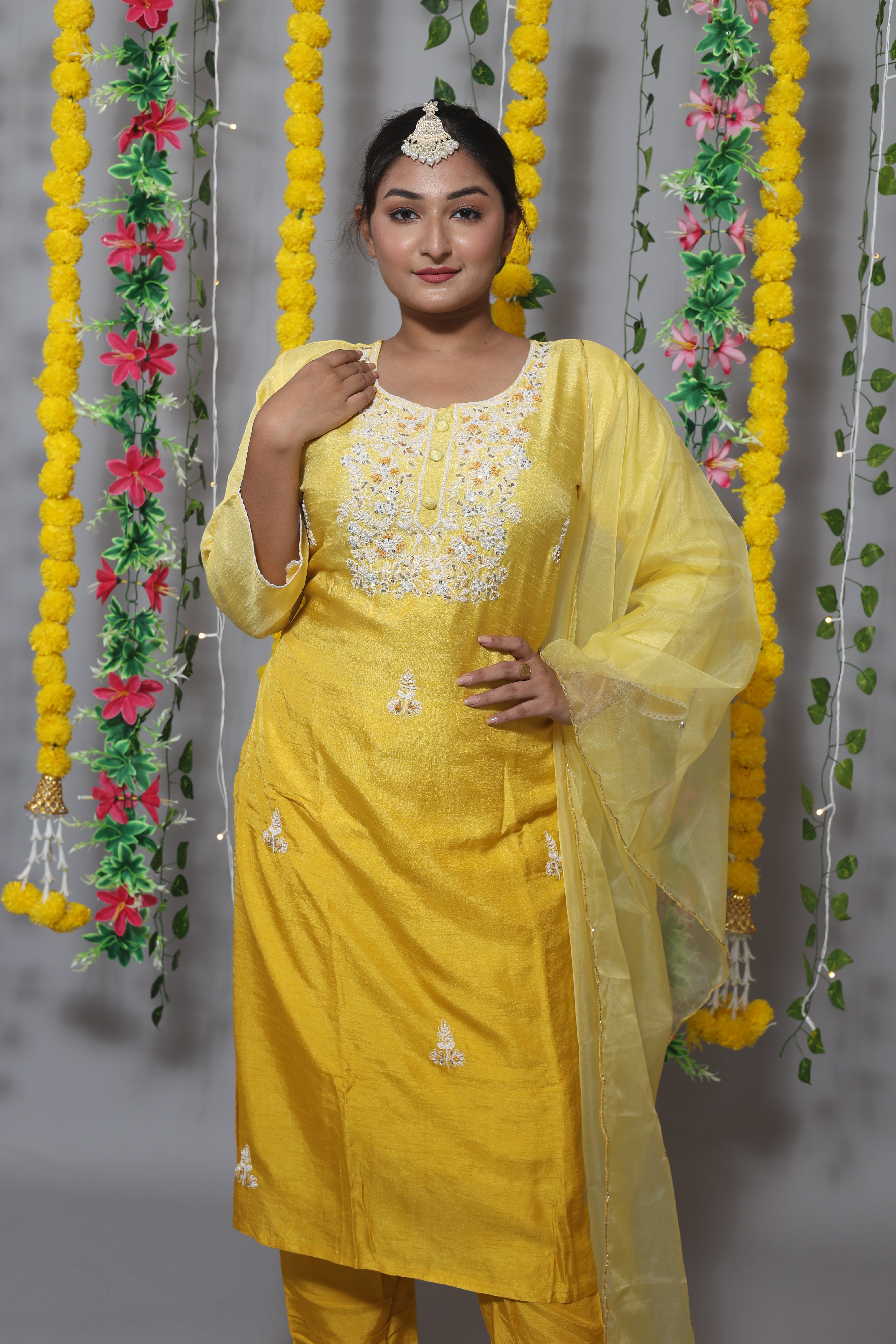 Yellow Handwork Dola Silk Suit Set